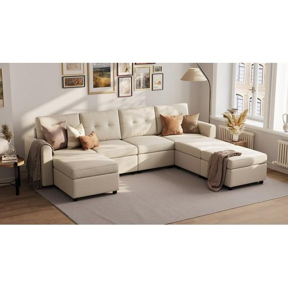 LINSY HOME Oversized Modular Cloud Sectional Sofa, RUBIK III 7 Seat Storage Couches and Sofas, Sectional Couches for Living Room with Reversible Chaises, Beige