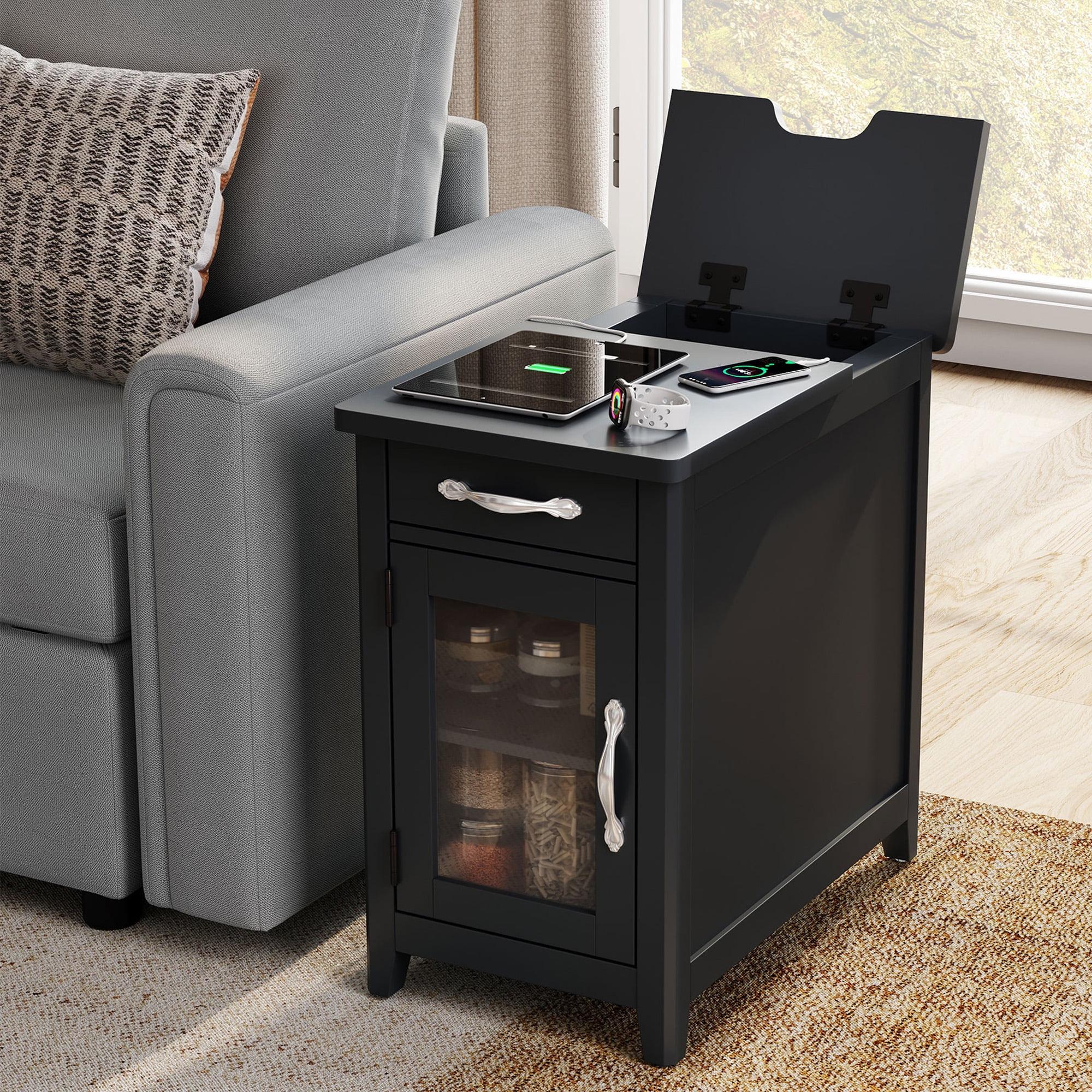 Black Wood End Table with Glass Door and Charging Station