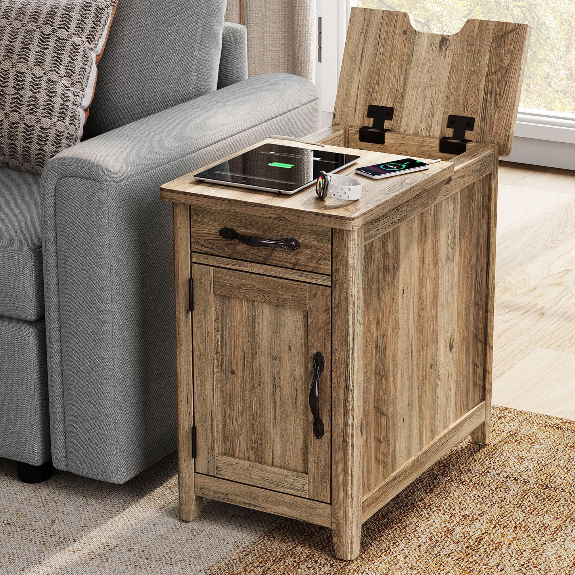 LINSY HOME End Tables for Living Room with Charging Station, Nightstand for Bedroom with Drawer and Detachable Holder,Brown