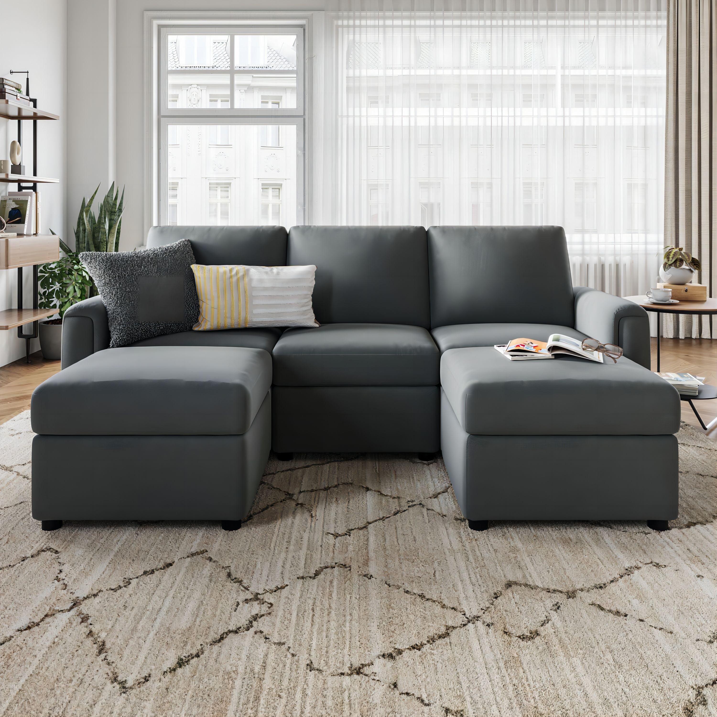 Dark Gray Fabric Modular Sectional Sofa with Storage and Ottoman