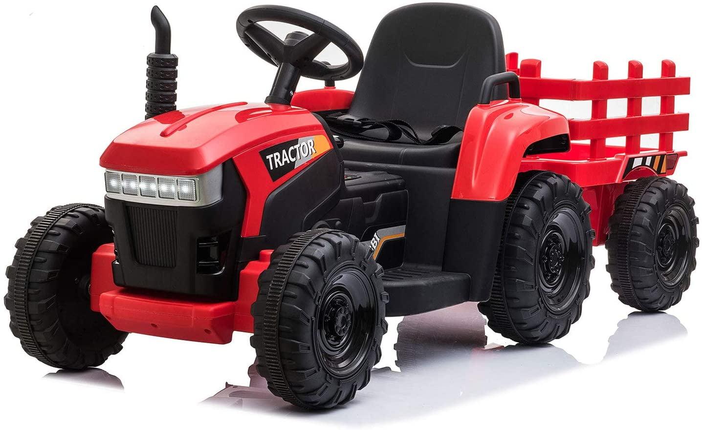 Red 12V Kids Ride-On Tractor with Trailer and LED Lights