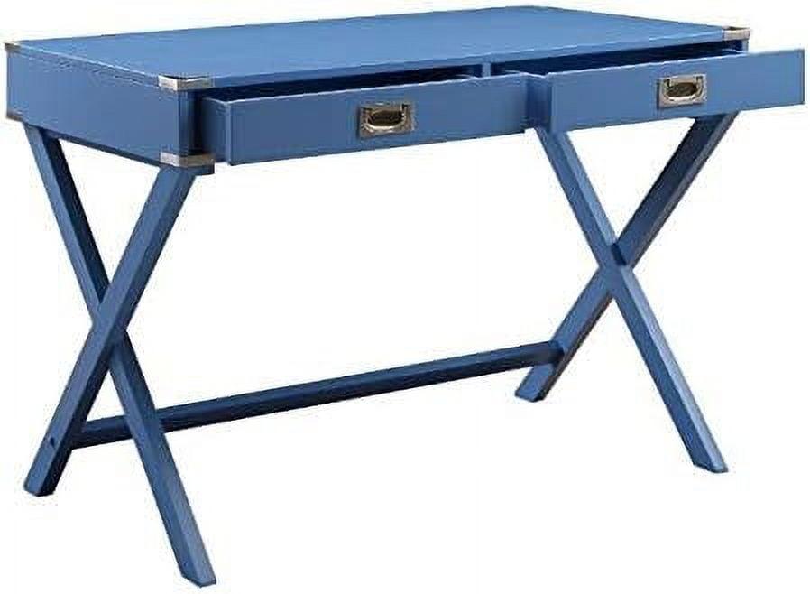 Amenia Blue Finish Rectangular Writing Desk with X-Shaped Base and Metal Accents