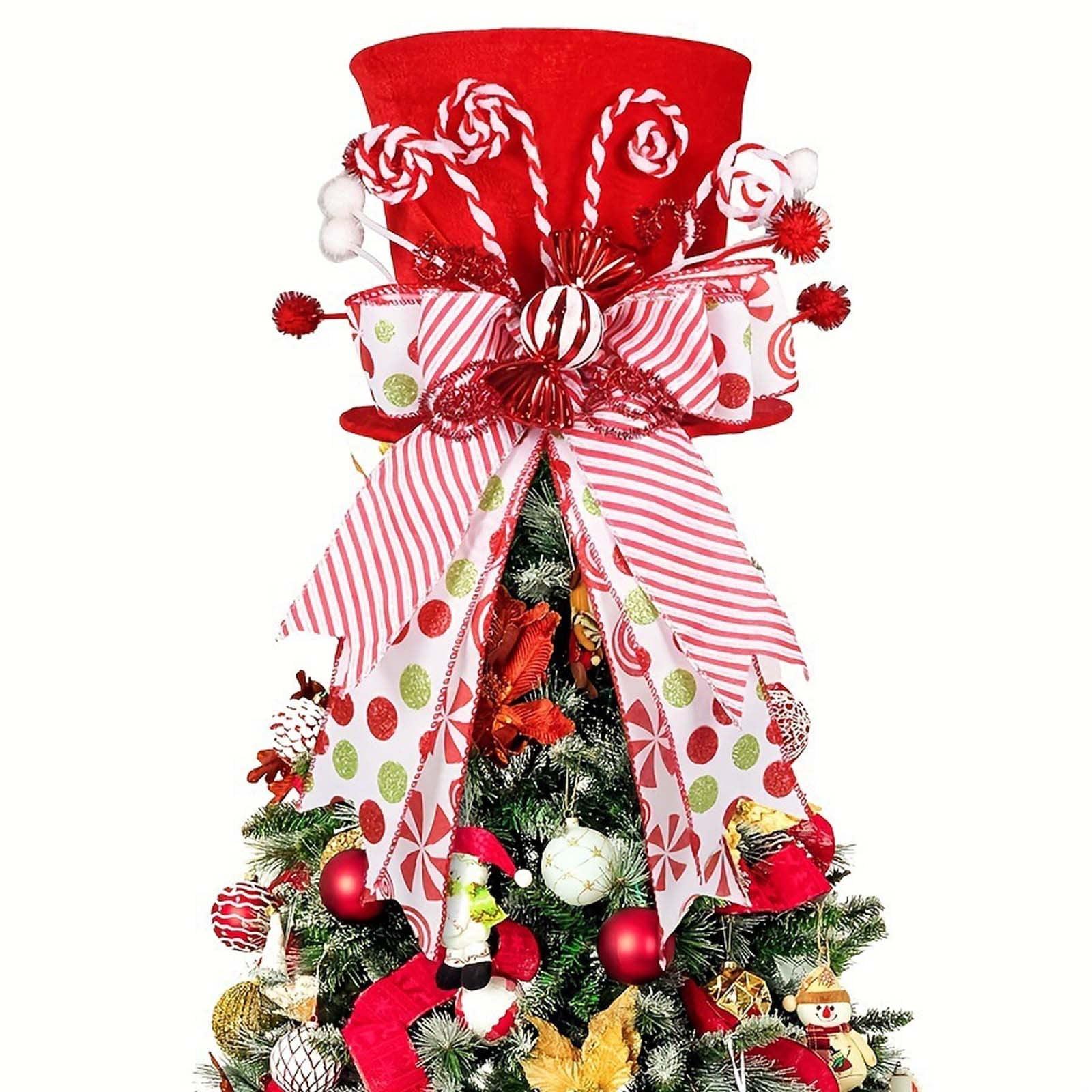 Xchenda Christmas Tree Topper Large Red Tree Topper Hat with Candy Peppermint Bows Ribbon Ornament Top Hat for Home Holiday Tree Decoration Xmas Gift