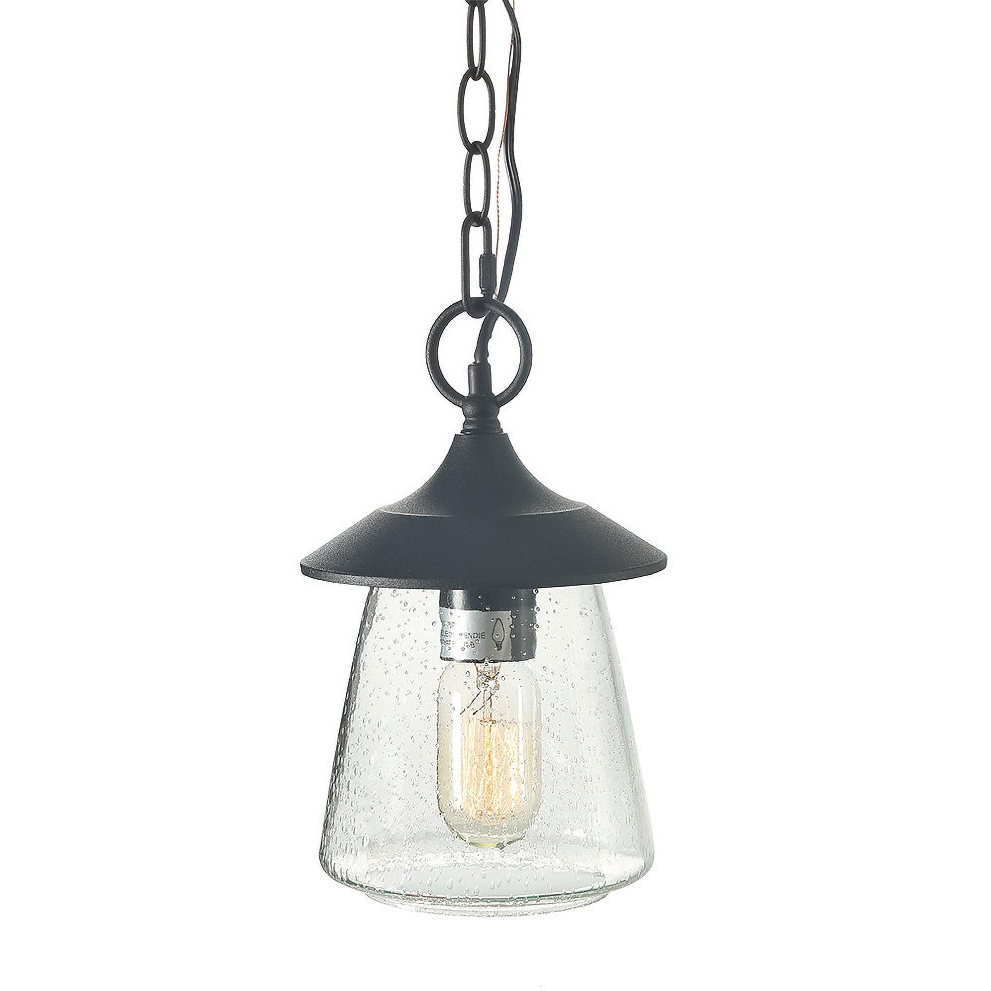 Rustic Matte Black Outdoor Pendant Light with Seeded Glass Shade