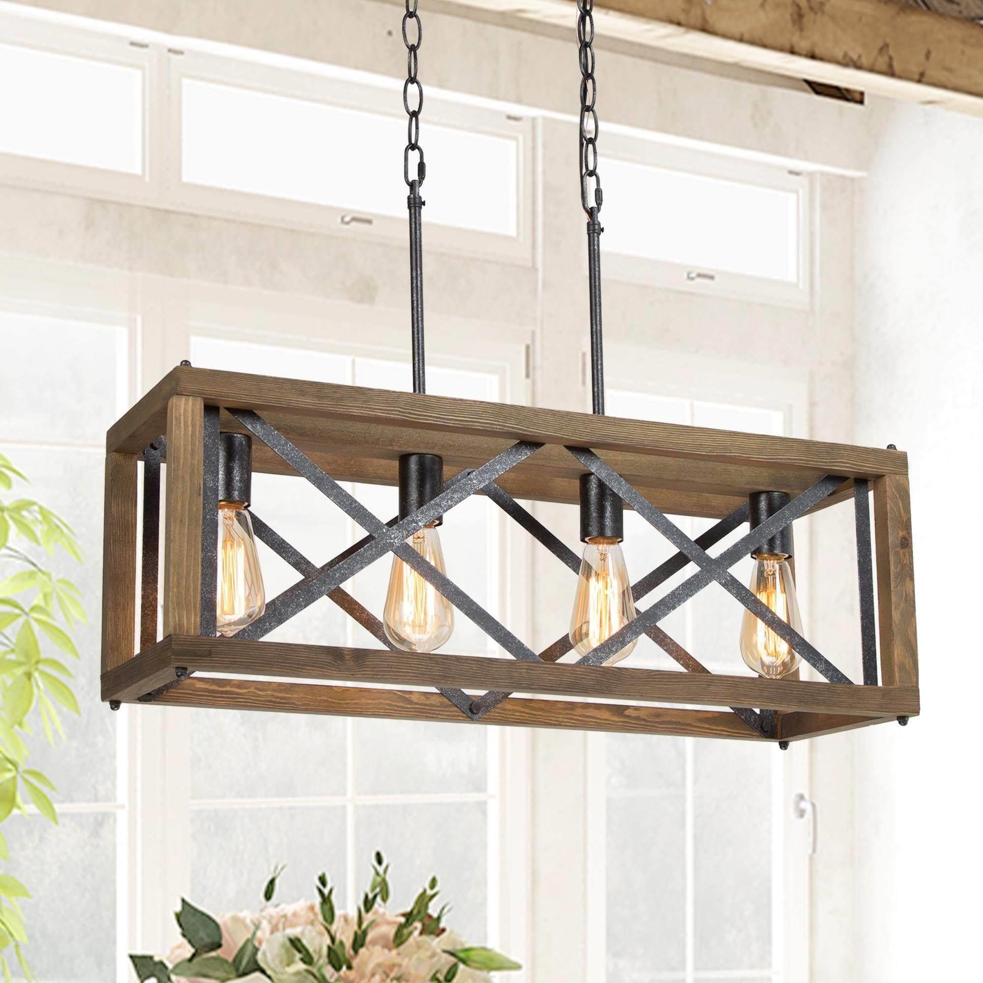 LNC Farmhouse Decor 4-Light Wood Chandelier Kitchen Island Light Fixtures, Large Modern Farmhouse Chandeliers Light for Dining Room, Kitchen Island, Bedroom