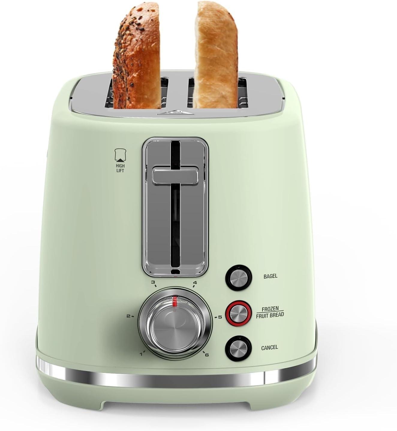 LONGDEEM 2 Slice Toaster, 6 Settings, Extra Wide Slots, High Lift, Auto Shutoff, Pastel Green, New