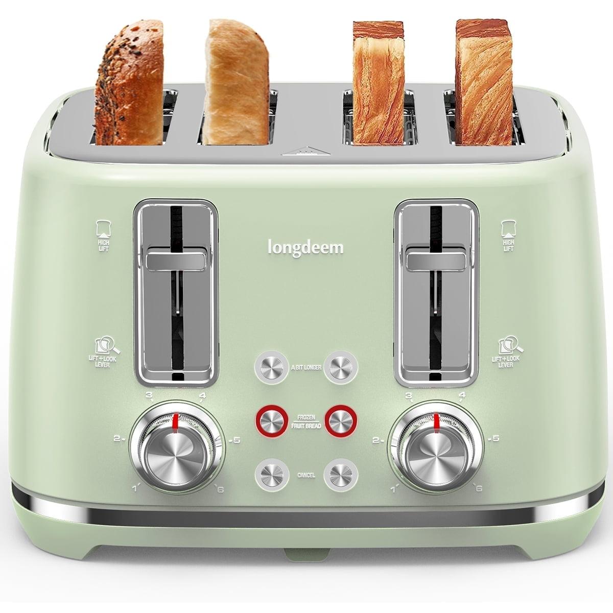 LONGDEEM 4 Slice Toaster, Extra Wide Slots, Longdeem Retro Stainless Steel Toasters, 6 Browning Options, Auto Shut Off & Frozen Function, Toast Fruit Bread, Bagel & Waffle