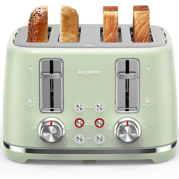 LONGDEEM 4 Slice Toaster, Extra Wide Slots, Longdeem Retro Stainless Steel Toasters, 6 Browning Options, Auto Shut Off & Frozen Function, Toast Fruit Bread, Bagel & Waffle