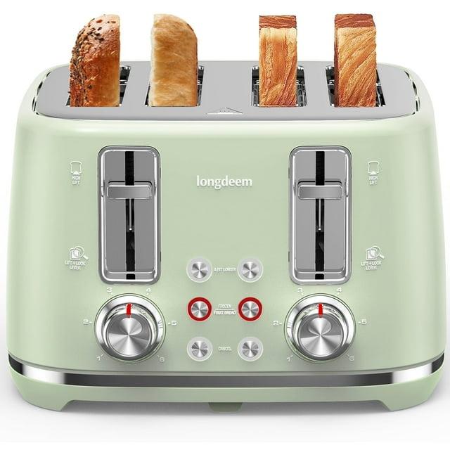 LONGDEEM 4 Slice Toaster, Extra Wide Slots, Longdeem Retro Stainless Steel Toasters, 6 Browning Options, Auto Shut Off & Frozen Function, Toast Fruit Bread, Bagel & Waffle