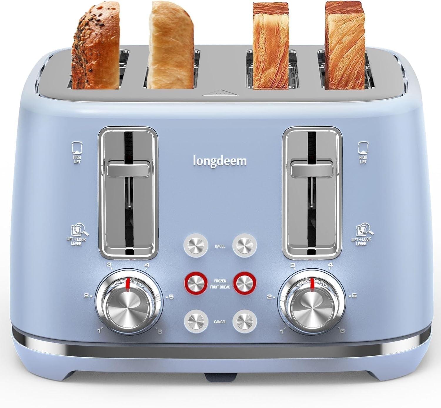 4 Slice Toaster, Extra Wide Slots, Longdeem Retro Stainless Steel Toasters, 6 Browning Options, Auto Shut Off & Frozen Function, Toast Fruit Bread, Bagel & Waffle