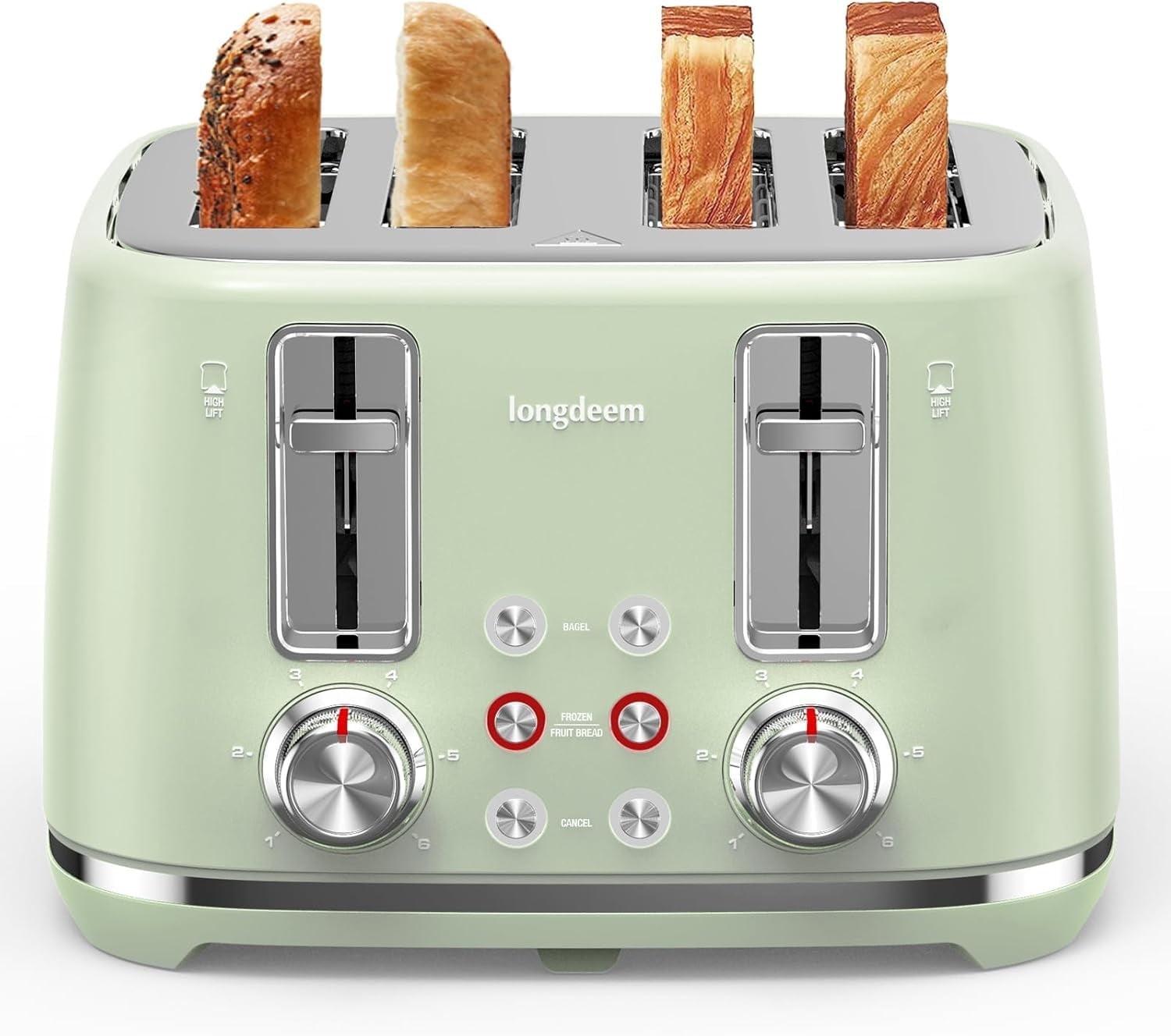 LONGDEEM 4 Slice Toaster, Extra Wide Slots, Longdeem Retro Stainless Steel Toasters, 6 Browning Options, Auto Shut Off & Frozen Function, Toast Fruit Bread, Bagel & Waffle
