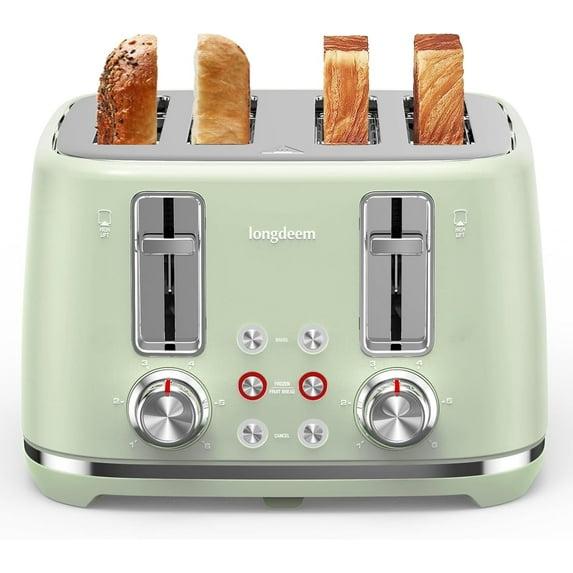 LONGDEEM 4 Slice Toaster, Extra Wide Slots, Longdeem Retro Stainless Steel Toasters, 6 Browning Options, Auto Shut Off & Frozen Function, Toast Fruit Bread, Bagel & Waffle