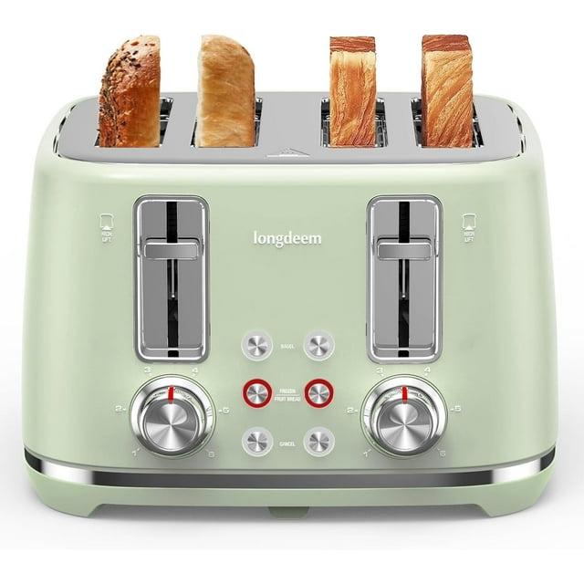 LONGDEEM 4 Slice Toaster, Extra Wide Slots, Longdeem Retro Stainless Steel Toasters, 6 Browning Options, Auto Shut Off & Frozen Function, Toast Fruit Bread, Bagel & Waffle