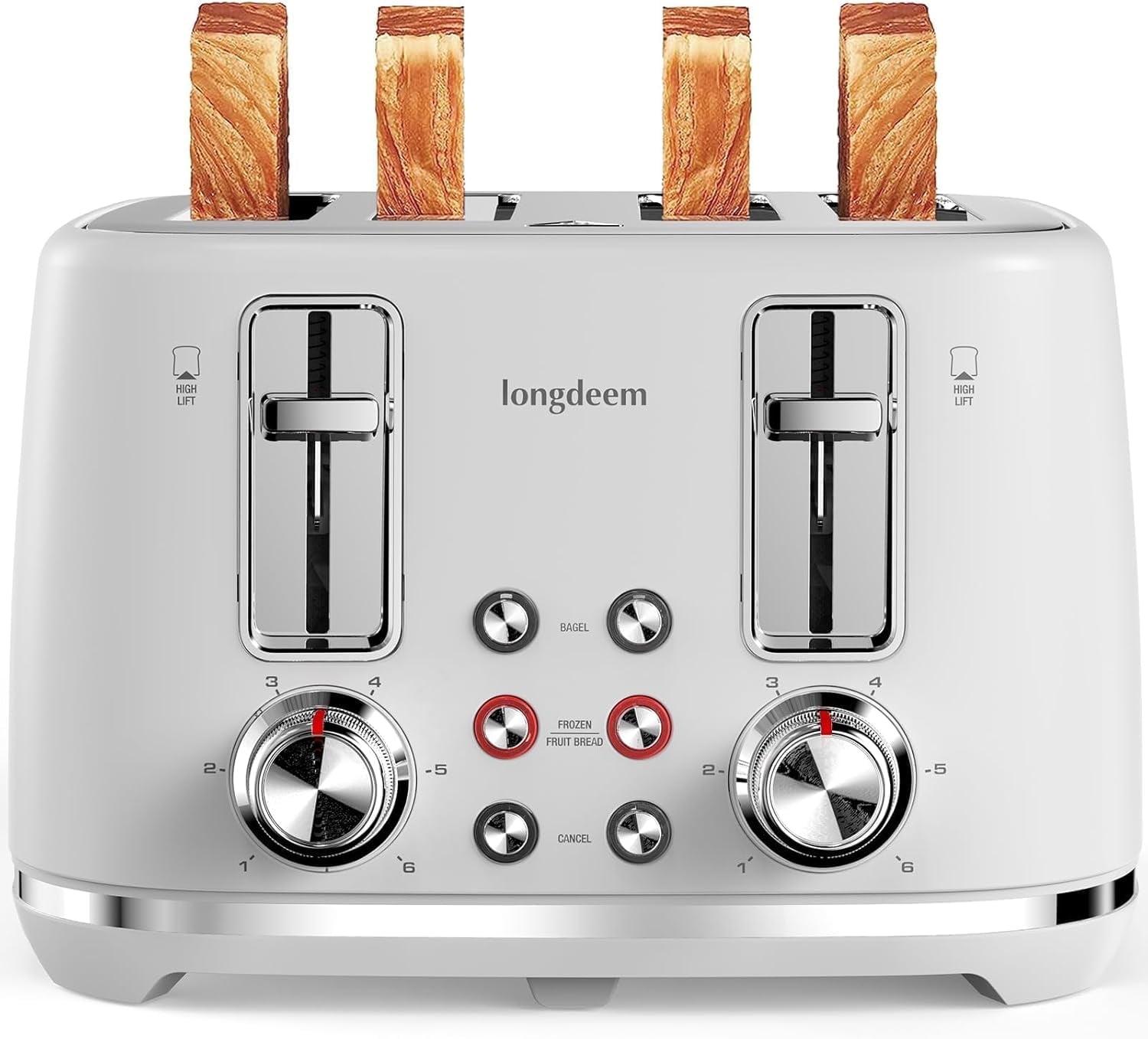 LONGDEEM 4 Slice Toaster, Extra Wide Slots, Longdeem Retro Stainless Steel Toasters, 6 Browning Options, Auto Shut Off & Frozen Function, Toast Fruit Bread, Bagel & Waffle