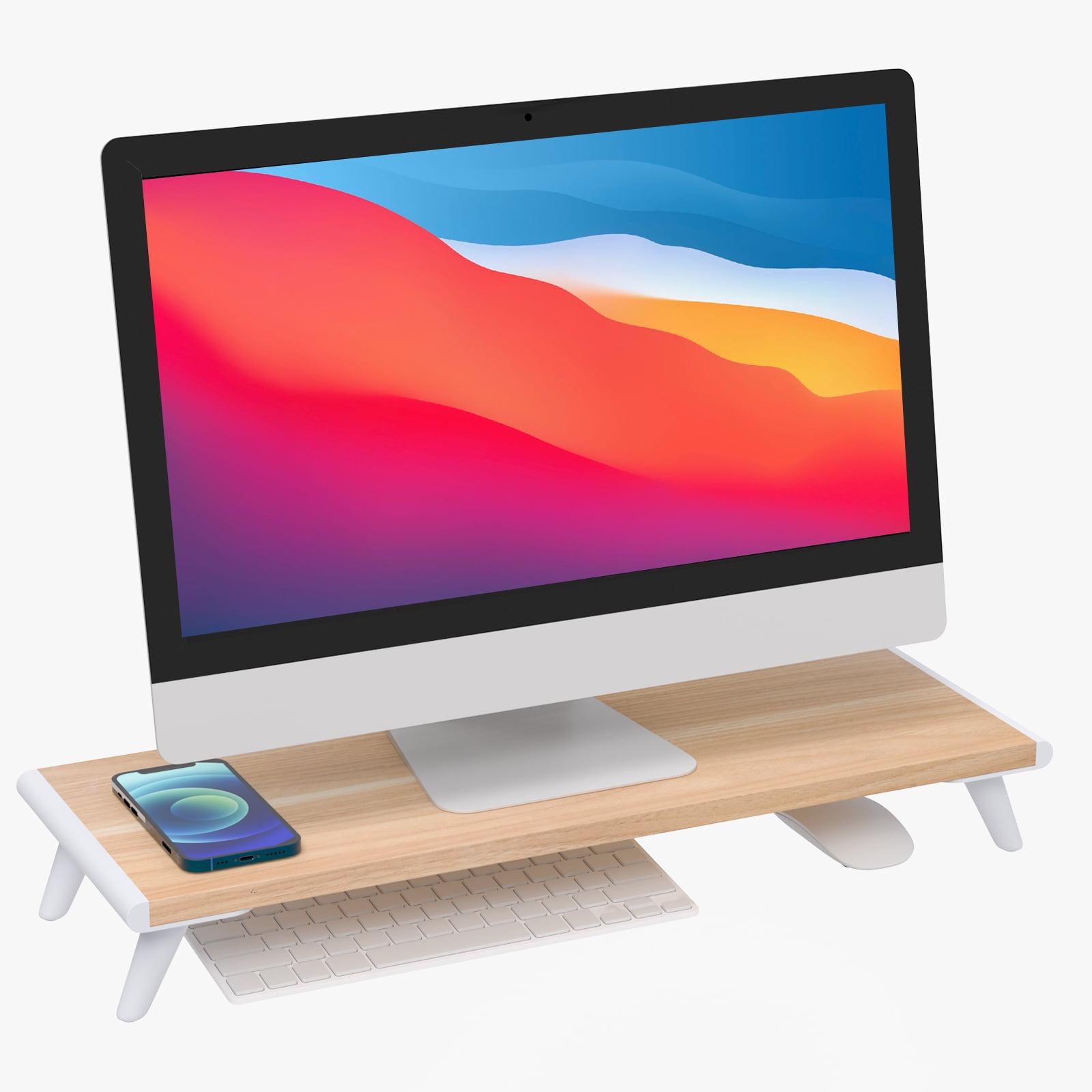 Natural Wood Adjustable Monitor Stand Riser with White Legs