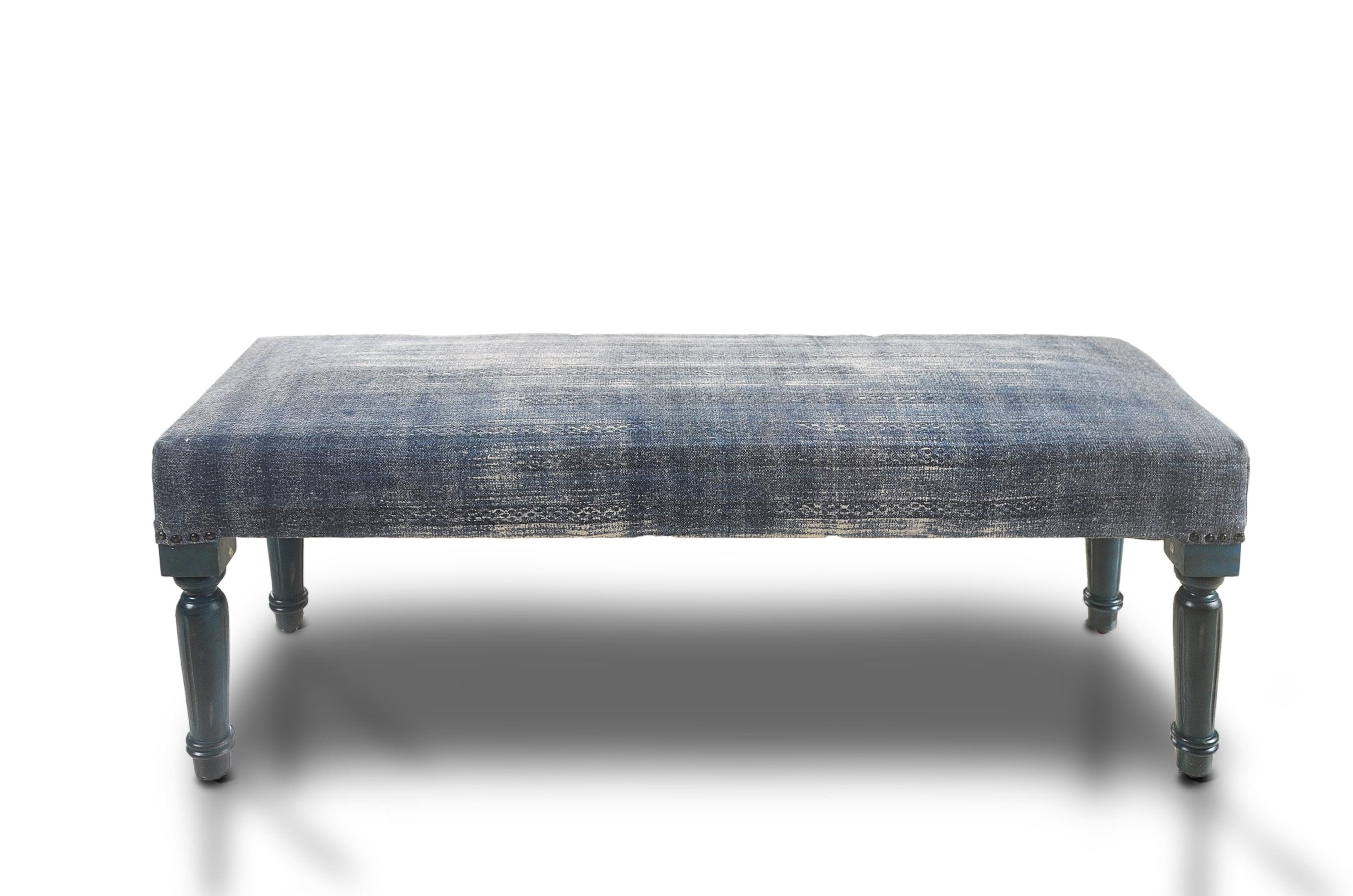 Distressed Antique Blue Cotton Bench with Stylish Legs