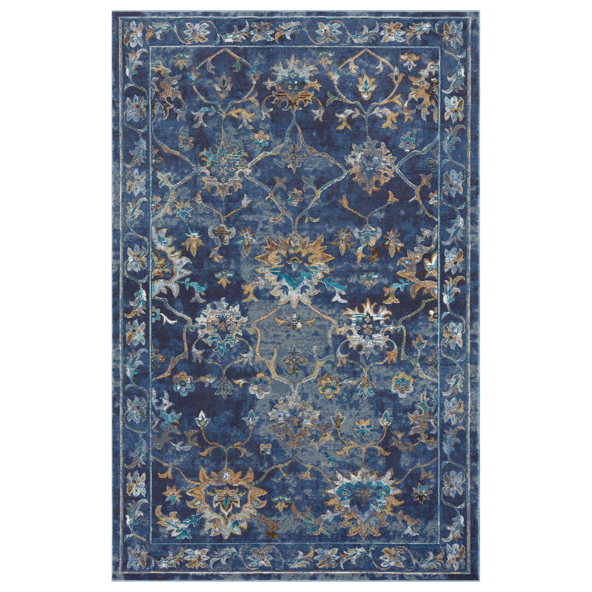 LR Home Ada 5' x 8' Indigo Bordered Floral Adult Durable Indoor Area Rug