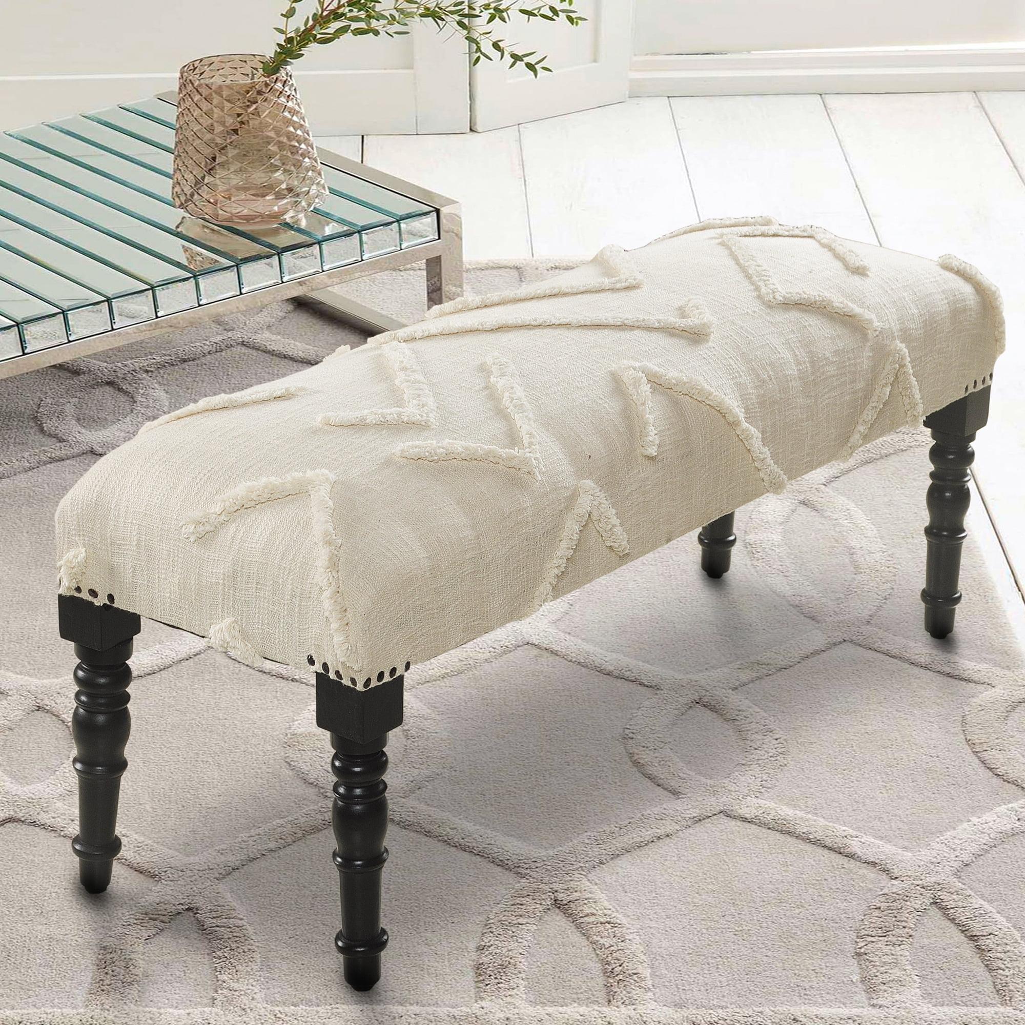 Elegant Cream Tufted Cotton Bench with Wooden Legs, 47"