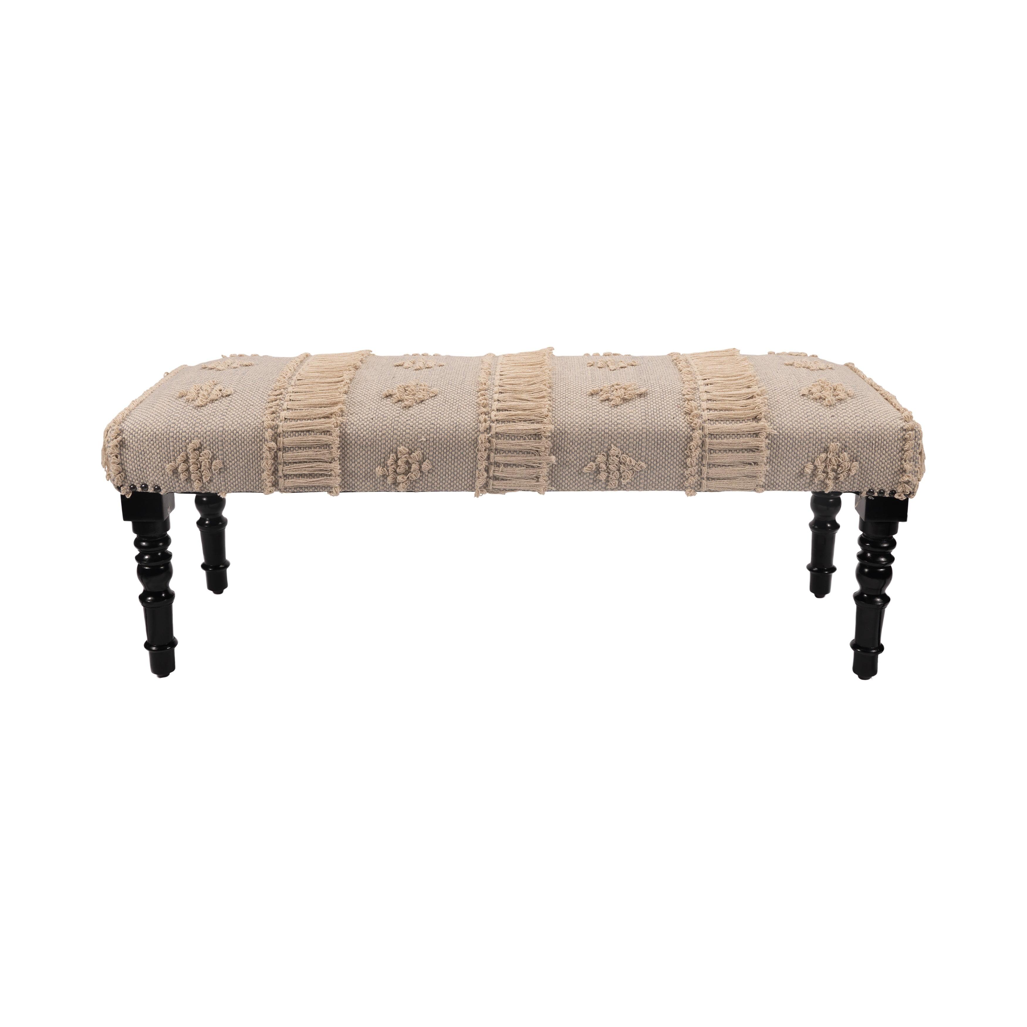 LR Home Analia 47" Upholstered Accent Bench, Gray/Cream Stripes with Fringe