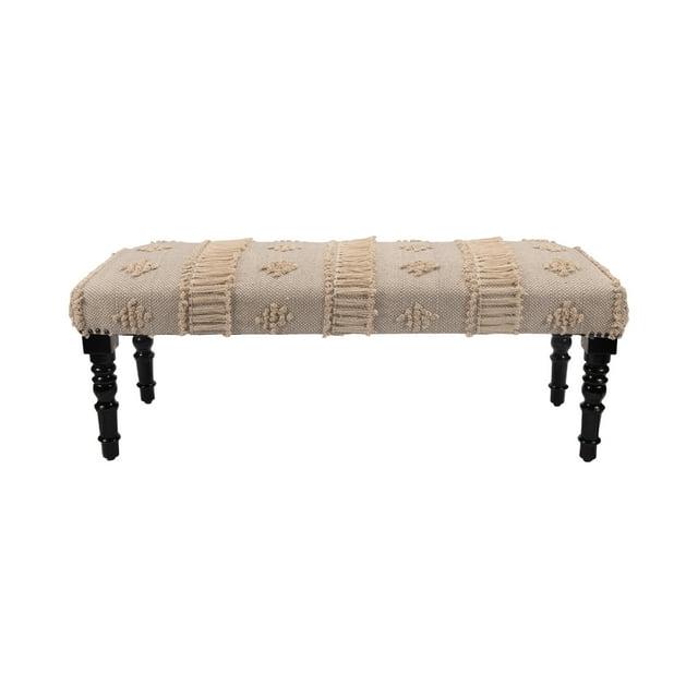 LR Home Analia 47" Upholstered Accent Bench, Gray/Cream Stripes with Fringe