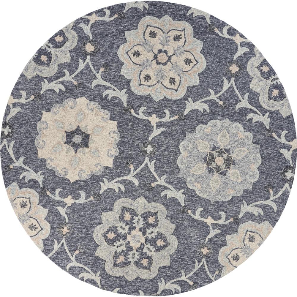 LR Home Aiden 4'10" Round Blue and Gray Floral Wool Indoor Area Rug