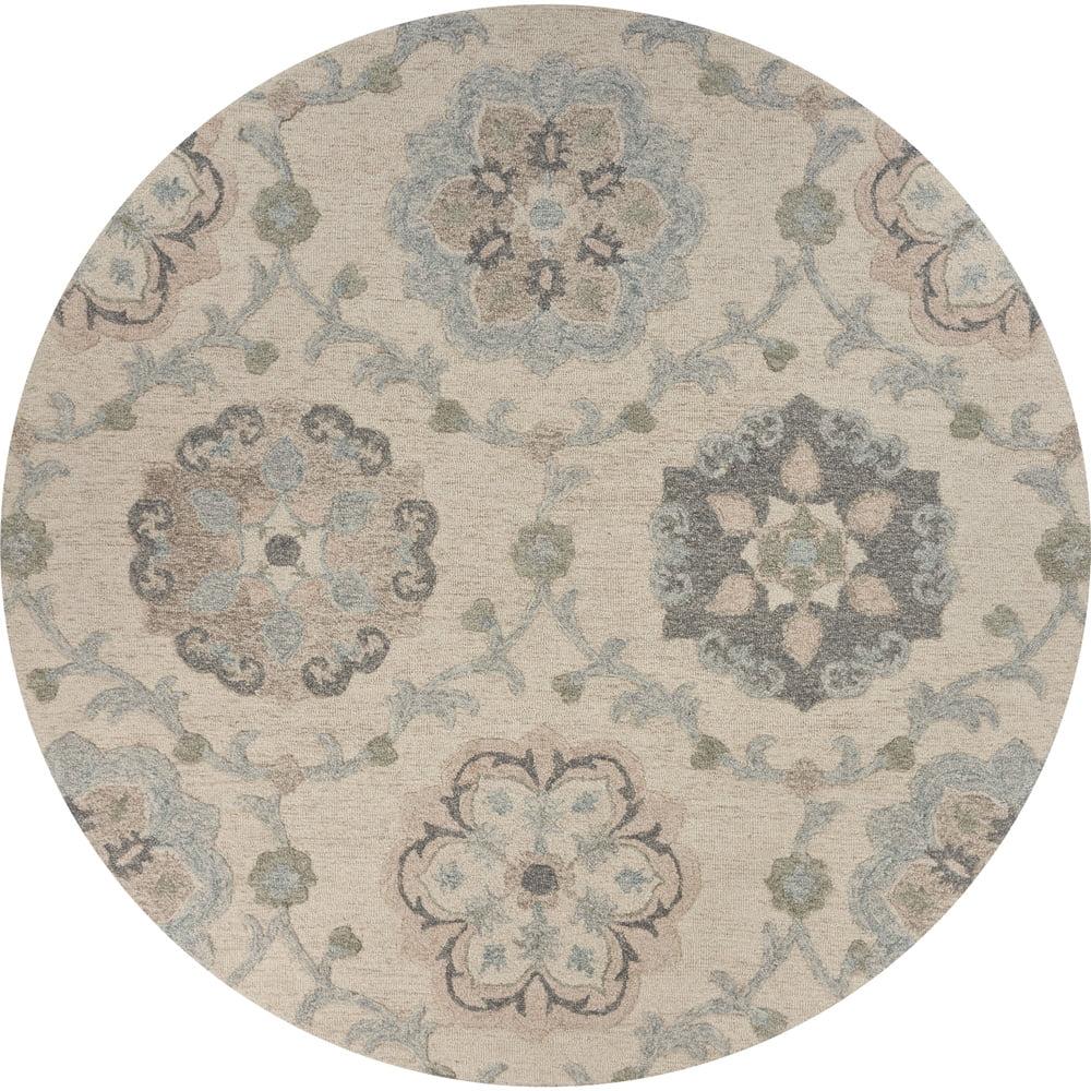 LR Home Aiden 7'3" Round Ivory and Blue Floral Wool Indoor Area Rug