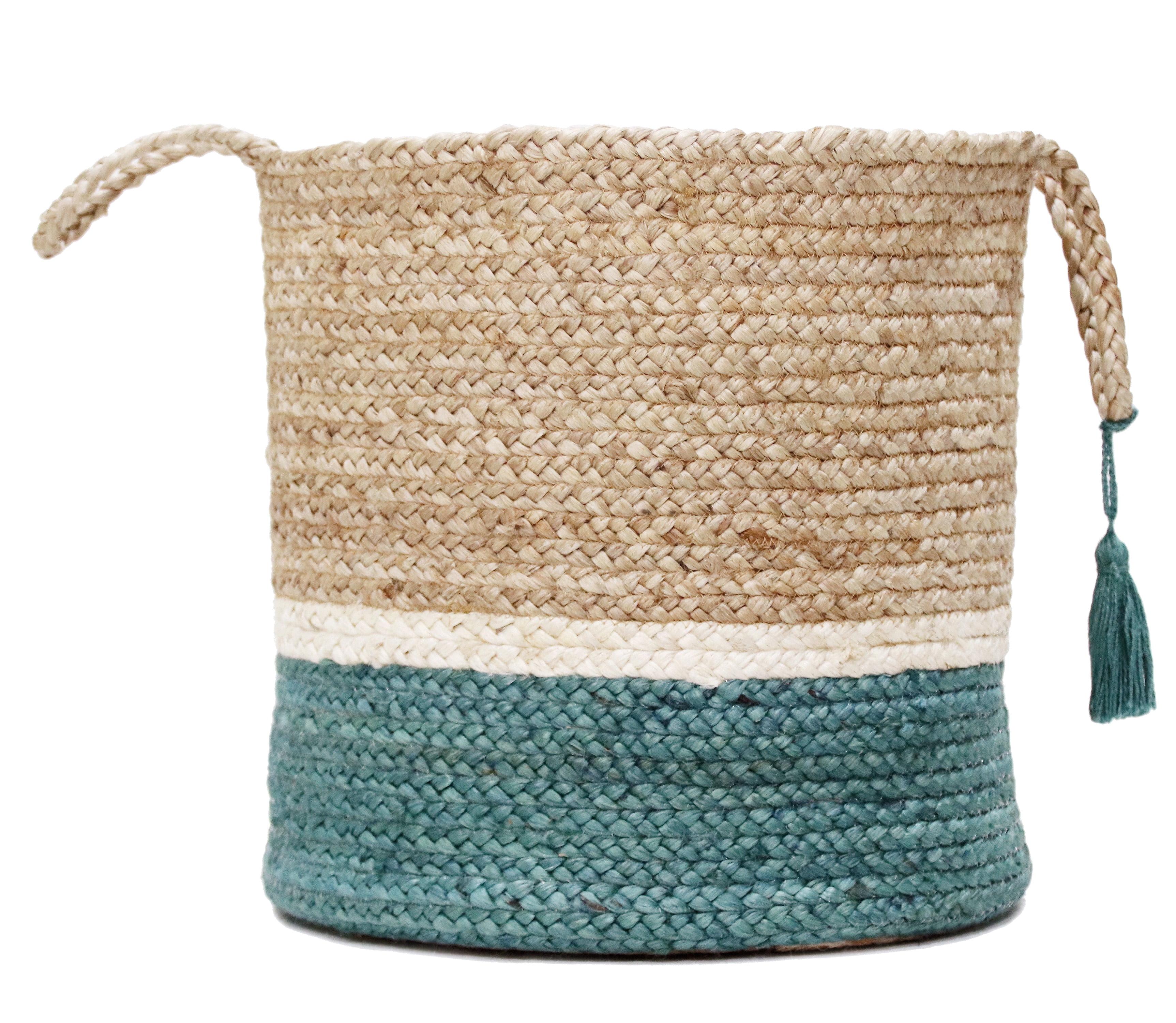 Teal and Natural Jute Color Block Round Storage Basket 17"