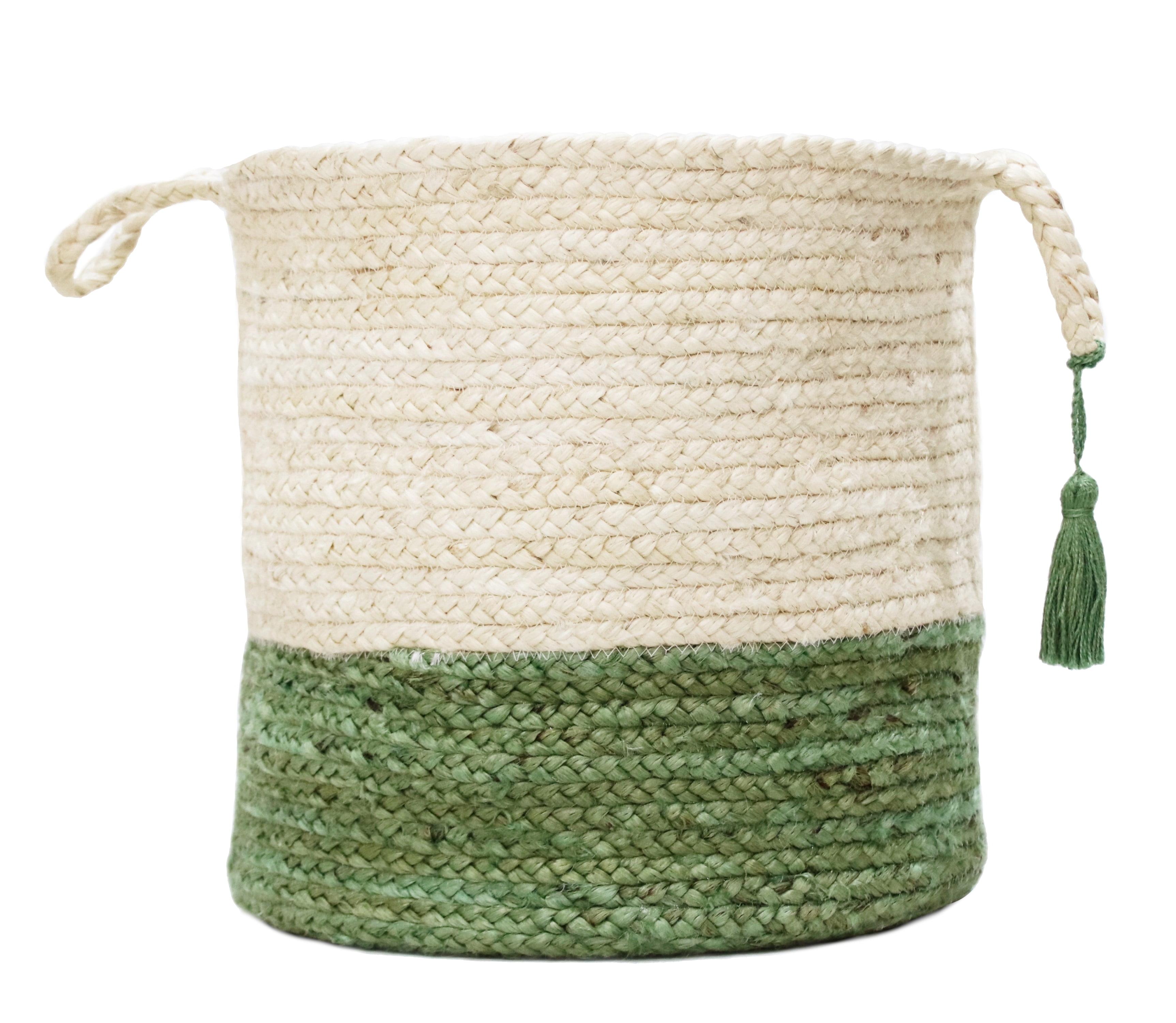 Eco-Friendly Cream & Moss Green Jute Round Storage Basket - 17"