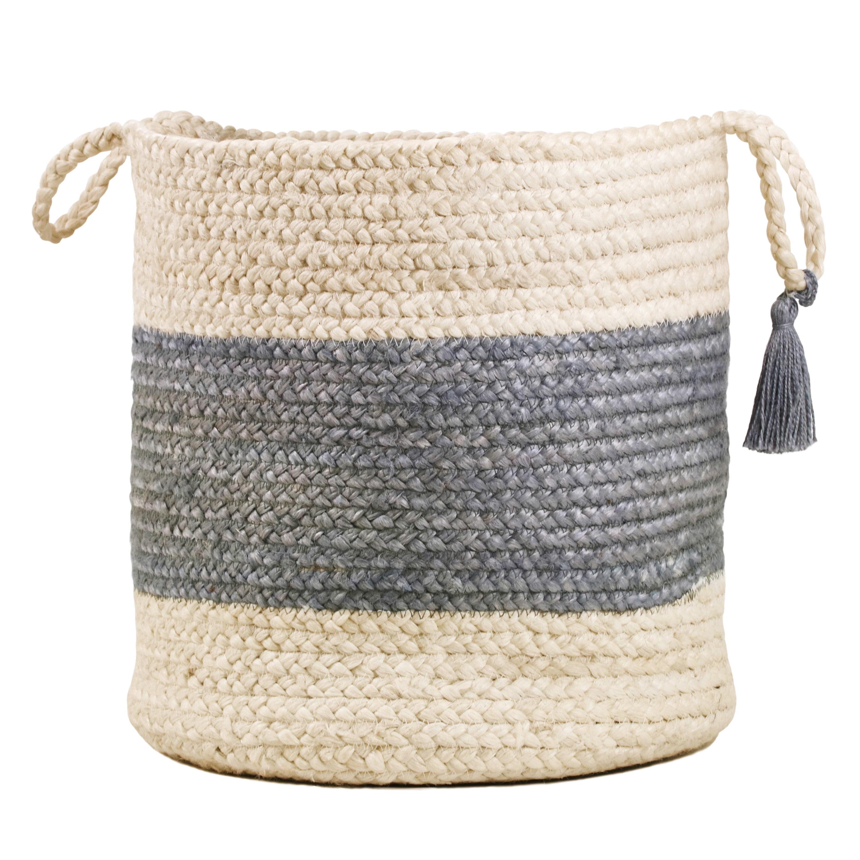 17" Off-White and Gray Jute Round Storage Basket