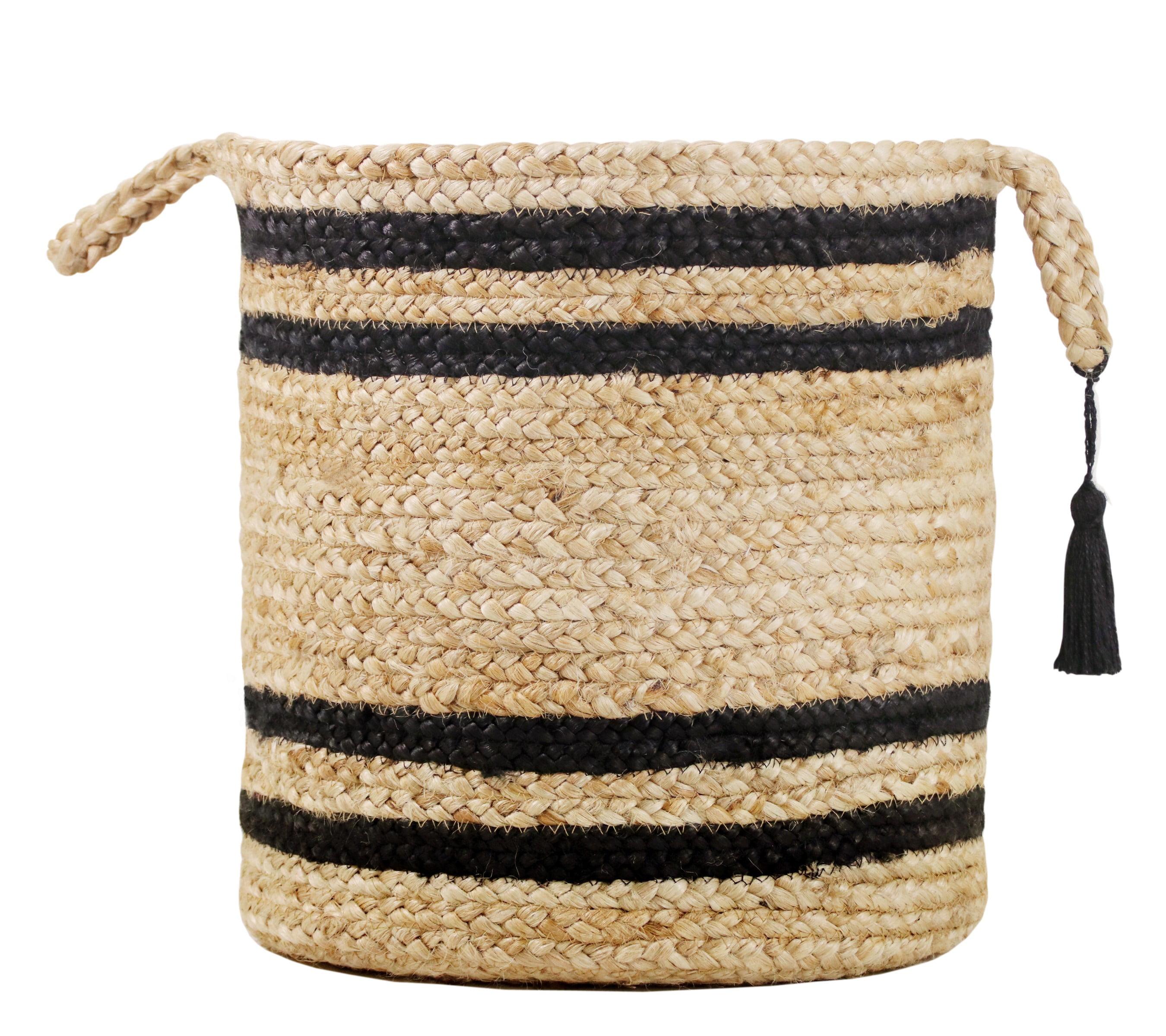 17" Natural Jute Round Storage Basket with Black Stripes