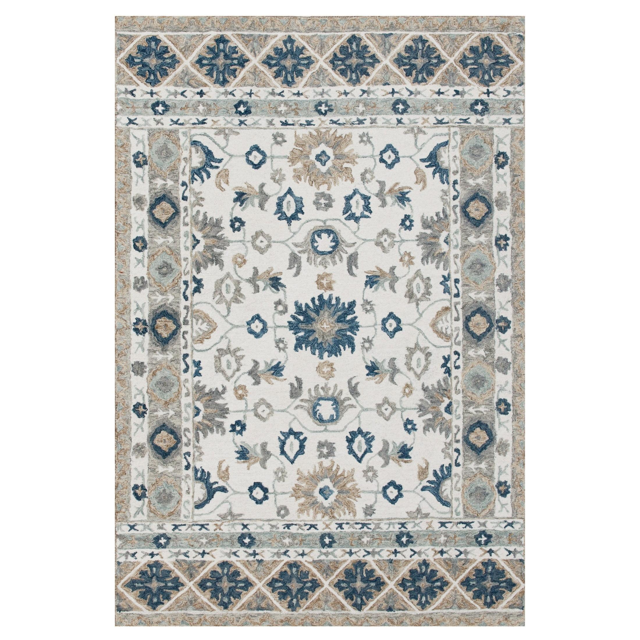 LR Home Bella Therese Gray/Blue Bohemian Floral Wool Area Rug, 7'9" x 9'9"