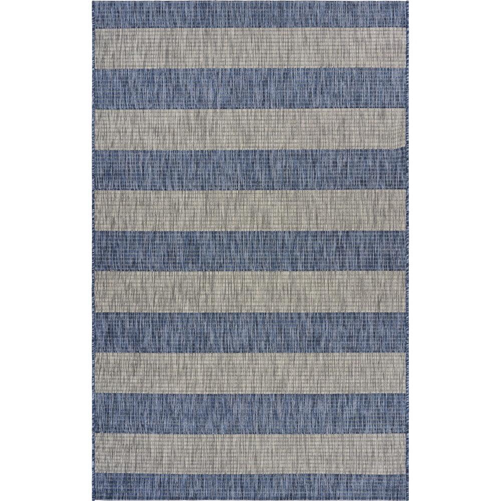 LR Home Camila 7'9" x 9'9", Gray/Blue Stripe Fade, Stain, and Moisture Resistant Indoor/Outdoor Area Rug