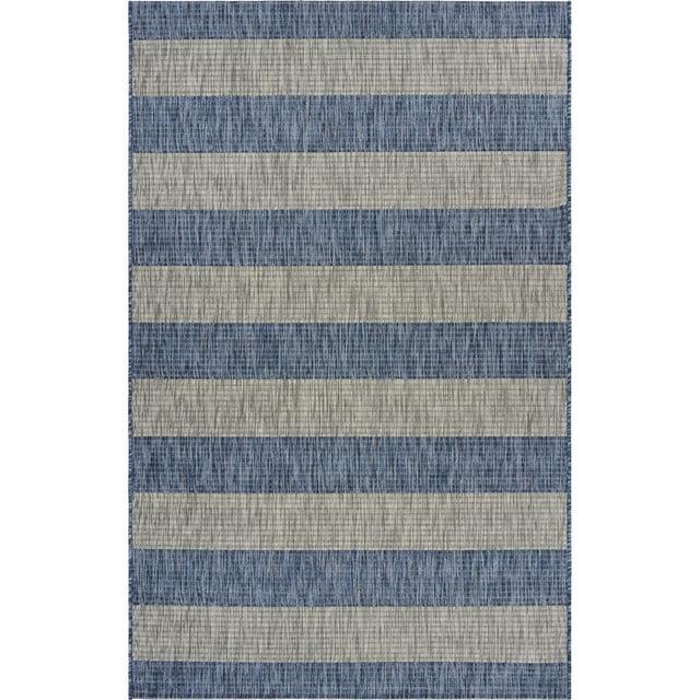 LR Home Camila 7'9" x 9'9", Gray/Blue Stripe Fade, Stain, and Moisture Resistant Indoor/Outdoor Area Rug