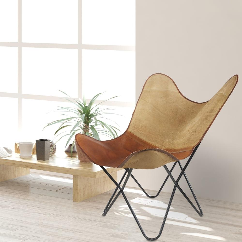 Handcrafted Two-Tone Cream and Brown Leather Butterfly Chair