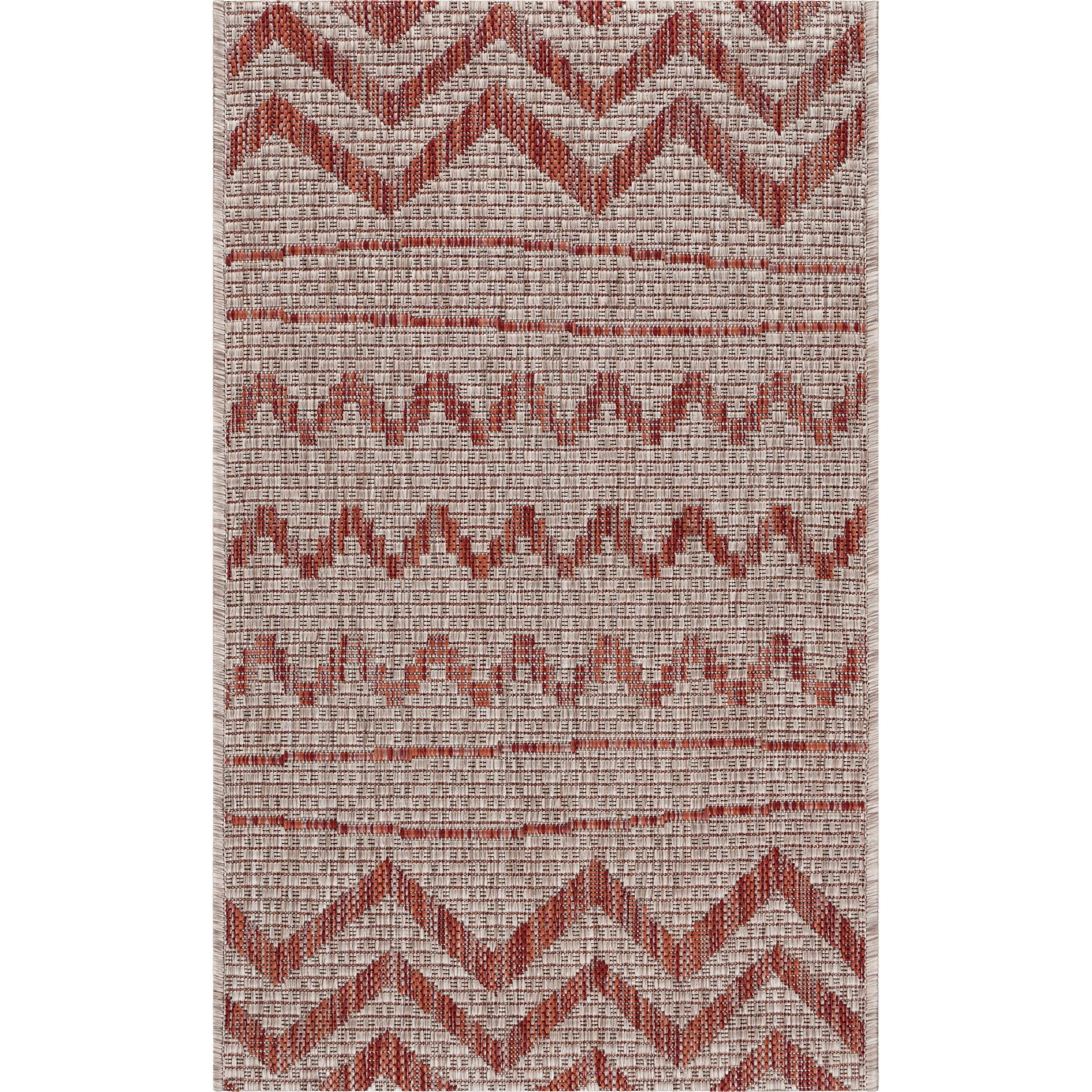 Sunshower Chevron Red & Beige 1'10" x 3' Synthetic Indoor/Outdoor Rug