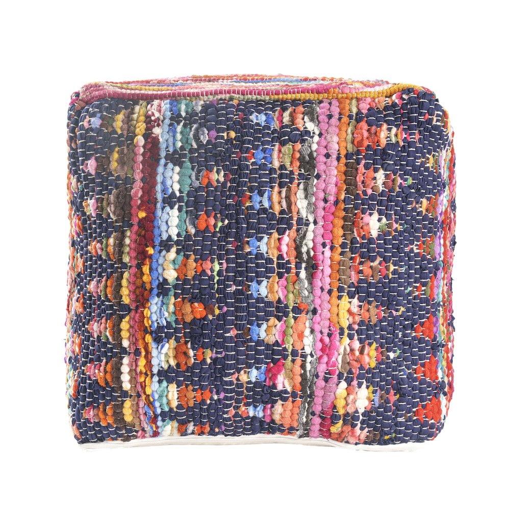 Evette Rios Dillon Denim Shabby Chic Hand-Loomed Cotton Blend Cube Ottoman Pouf