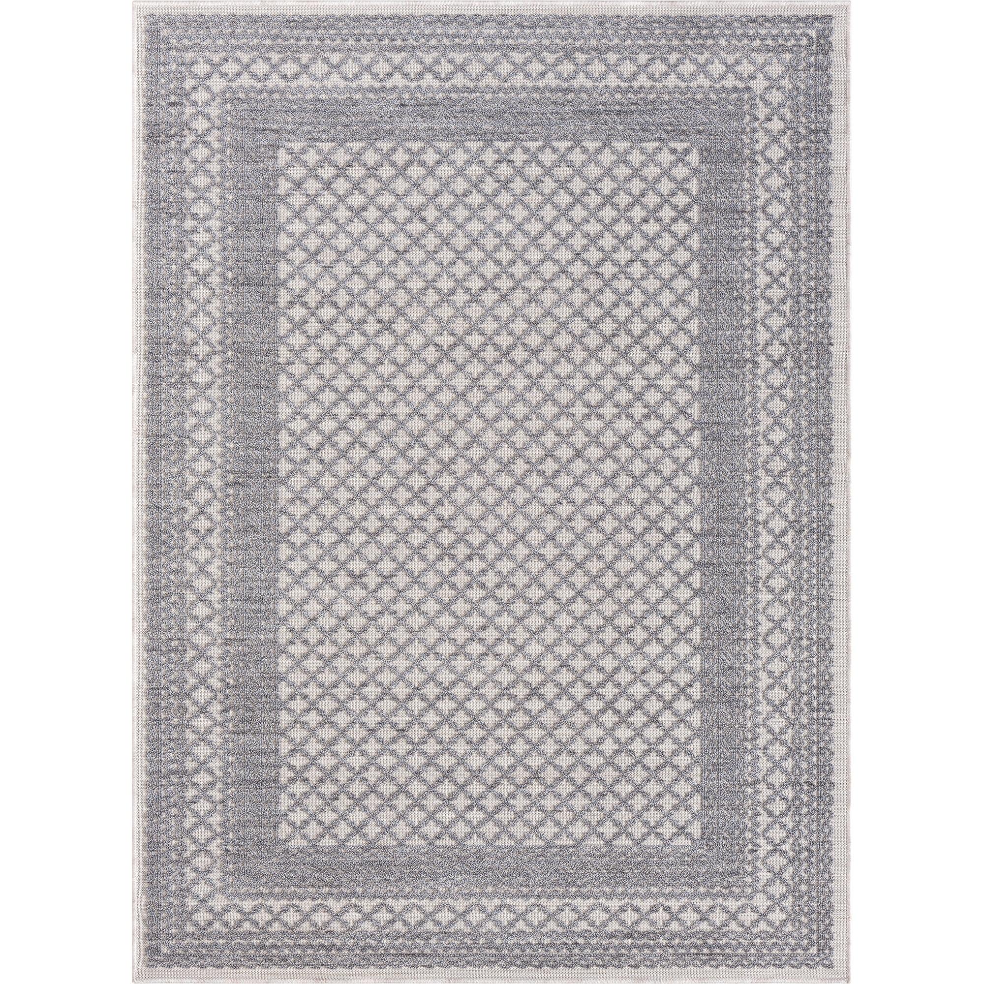 LR Home Gayle 7'10" x 8'10" Gray/Ivory Bordered Performance Indoor/Outdoor Area Rug
