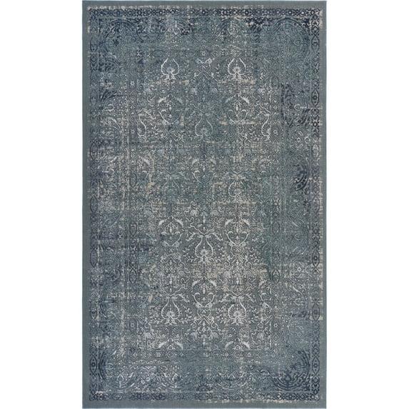 LR Home Imara Amety Blue/Silver Traditional Damask Polyester Area Rug, 9'6" x 13'