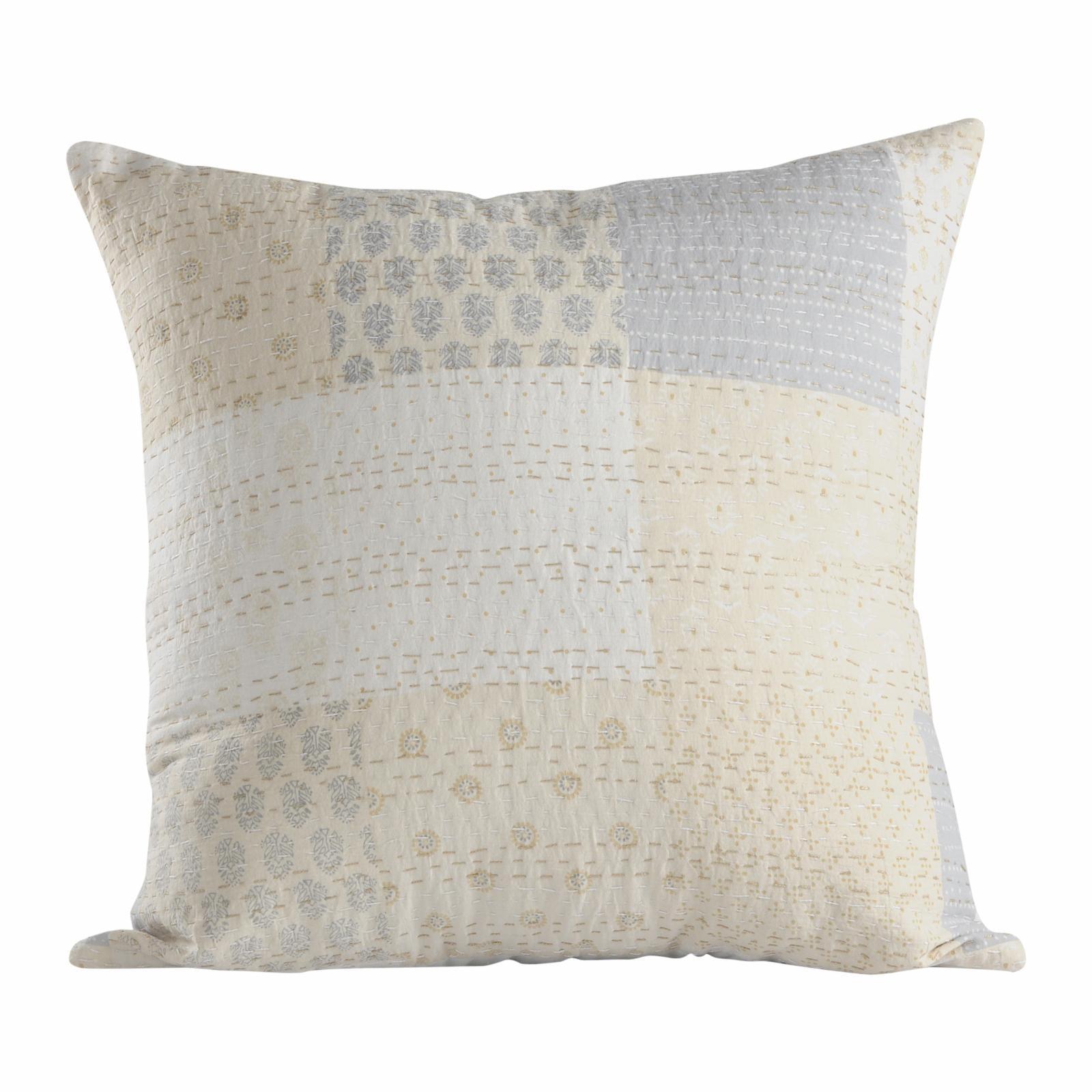 Gray and Cream Patchwork Cotton Silk Throw Pillow