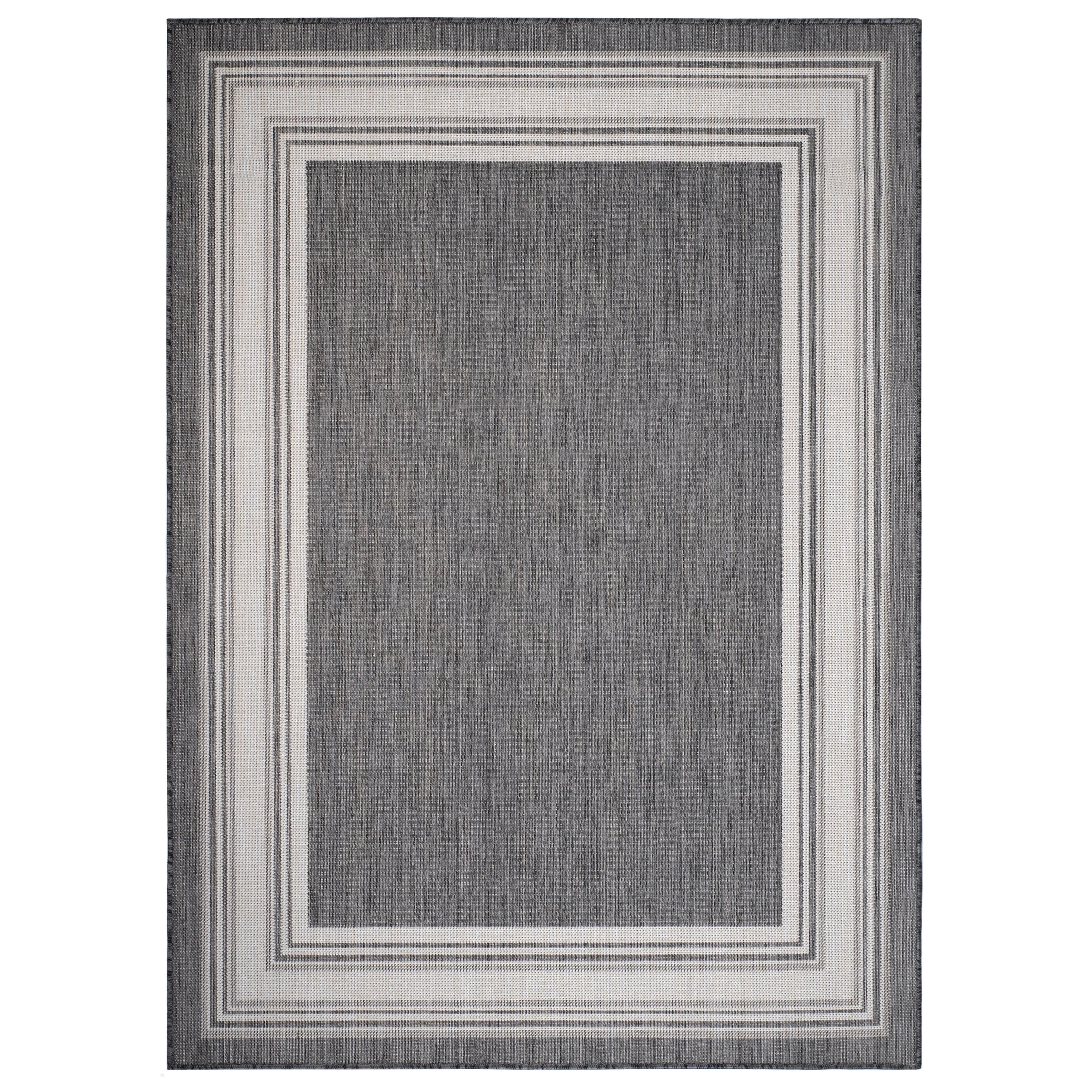 LR Home Kiara 7'6" x 9'5" Black/Gray/White Bordered Fade & Stain Resistant Indoor/Outdoor Area Rug