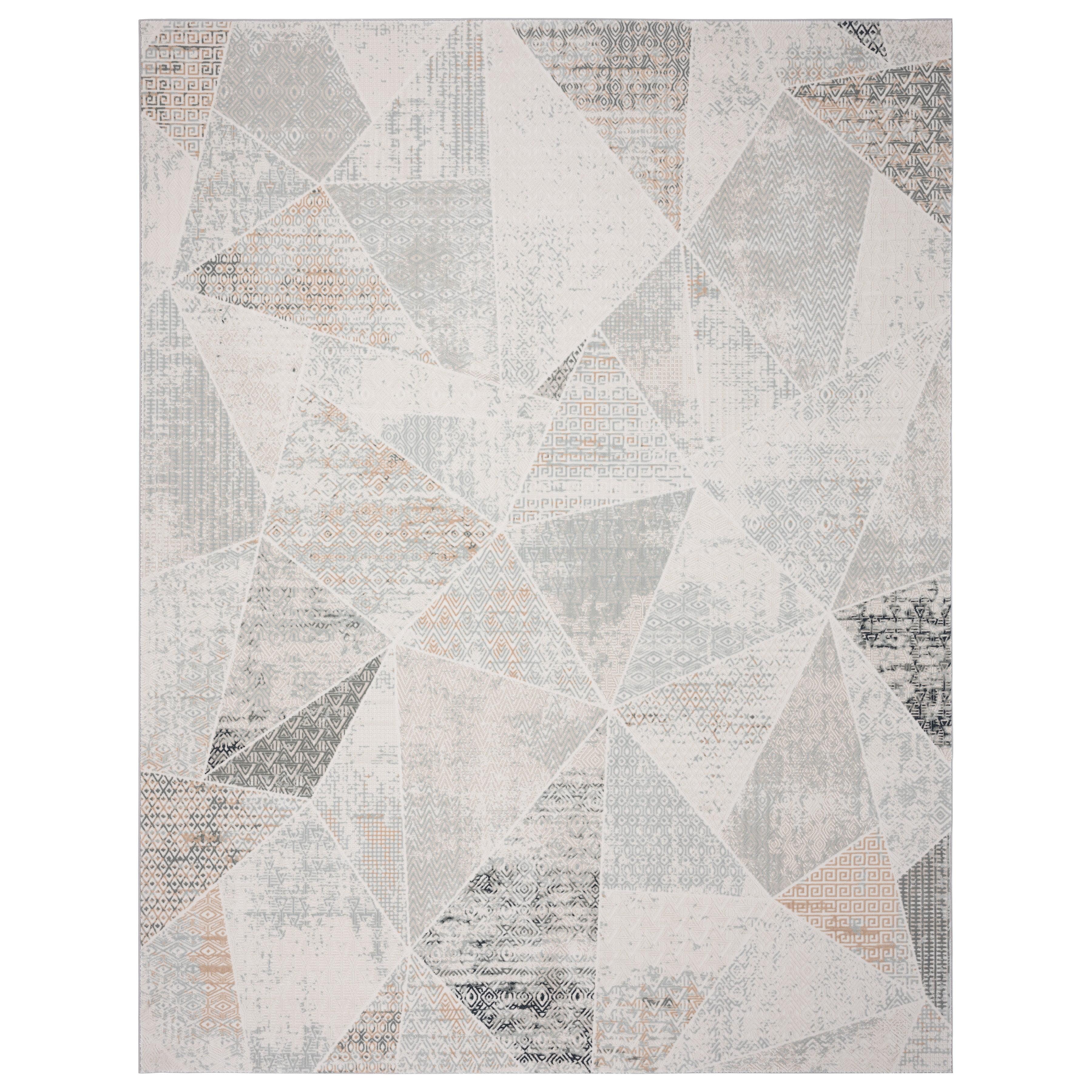 Gray and Cream Geometric Hand-Knotted Synthetic Area Rug, 9' x 12'