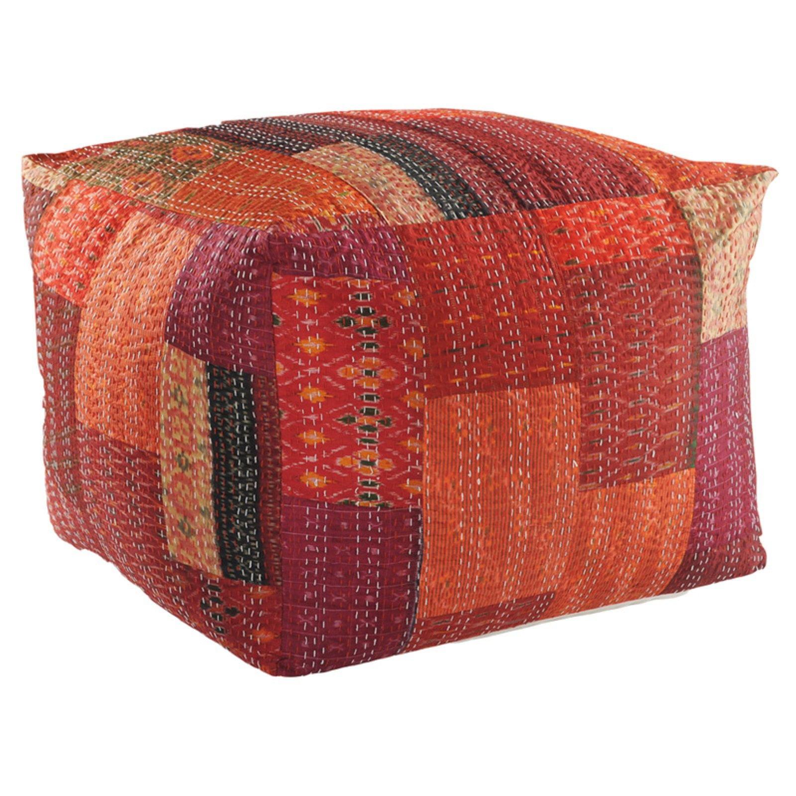 Crimson Kantha Cotton Square Pouf, 24" x 24" x 20"