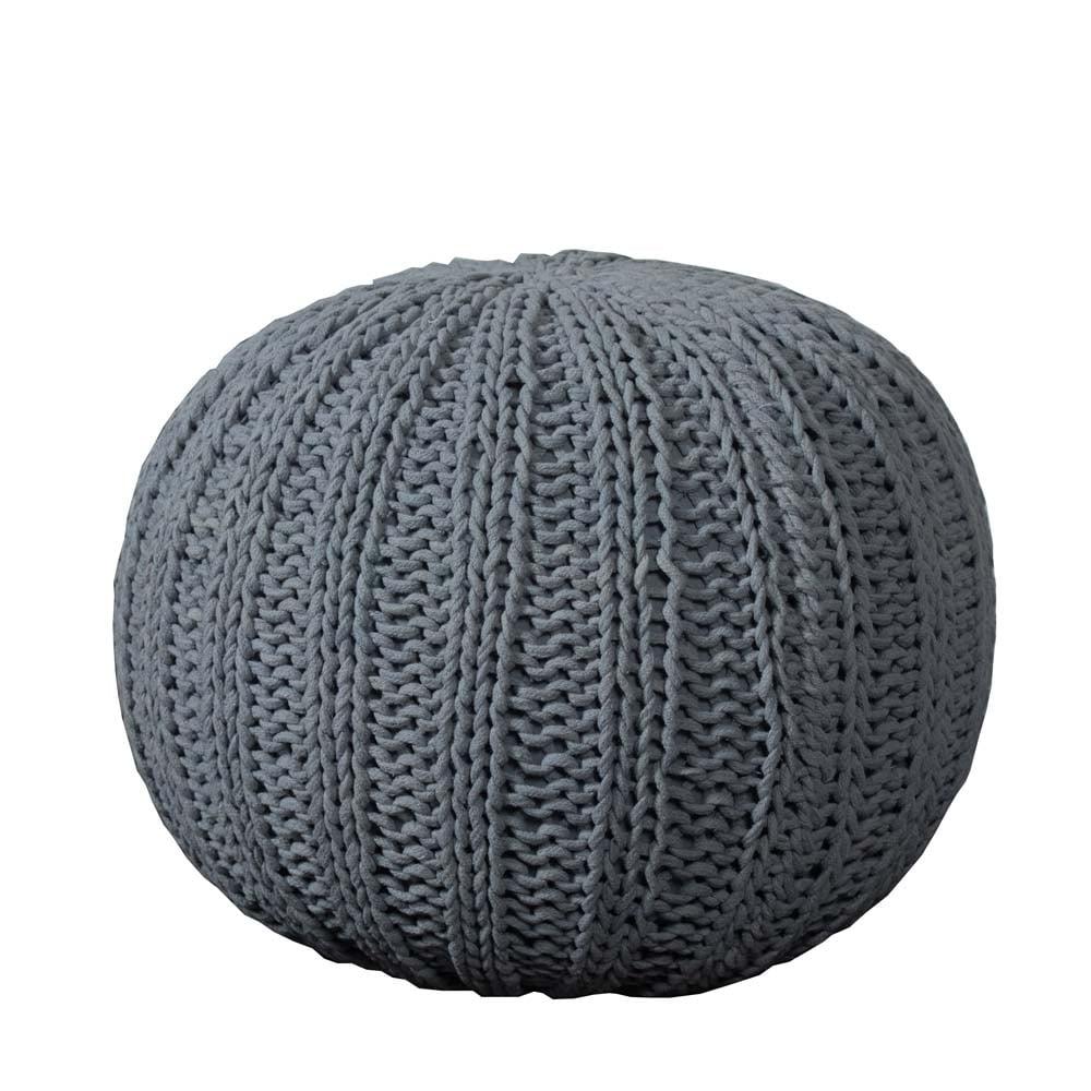 Gray Hand-Knitted Cotton Round Pouf, 20"