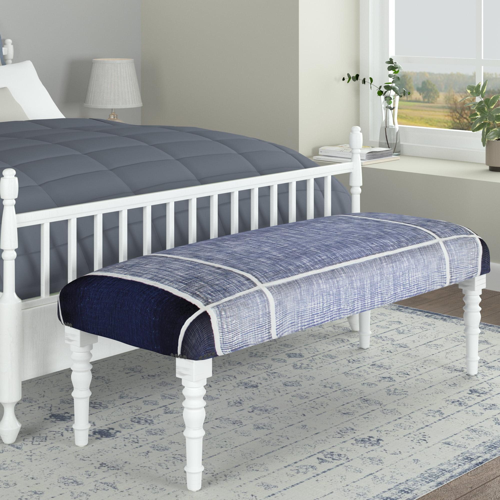 LR Home Farmhouse Cotton Upholstered Indoor Accent Bench, Blue