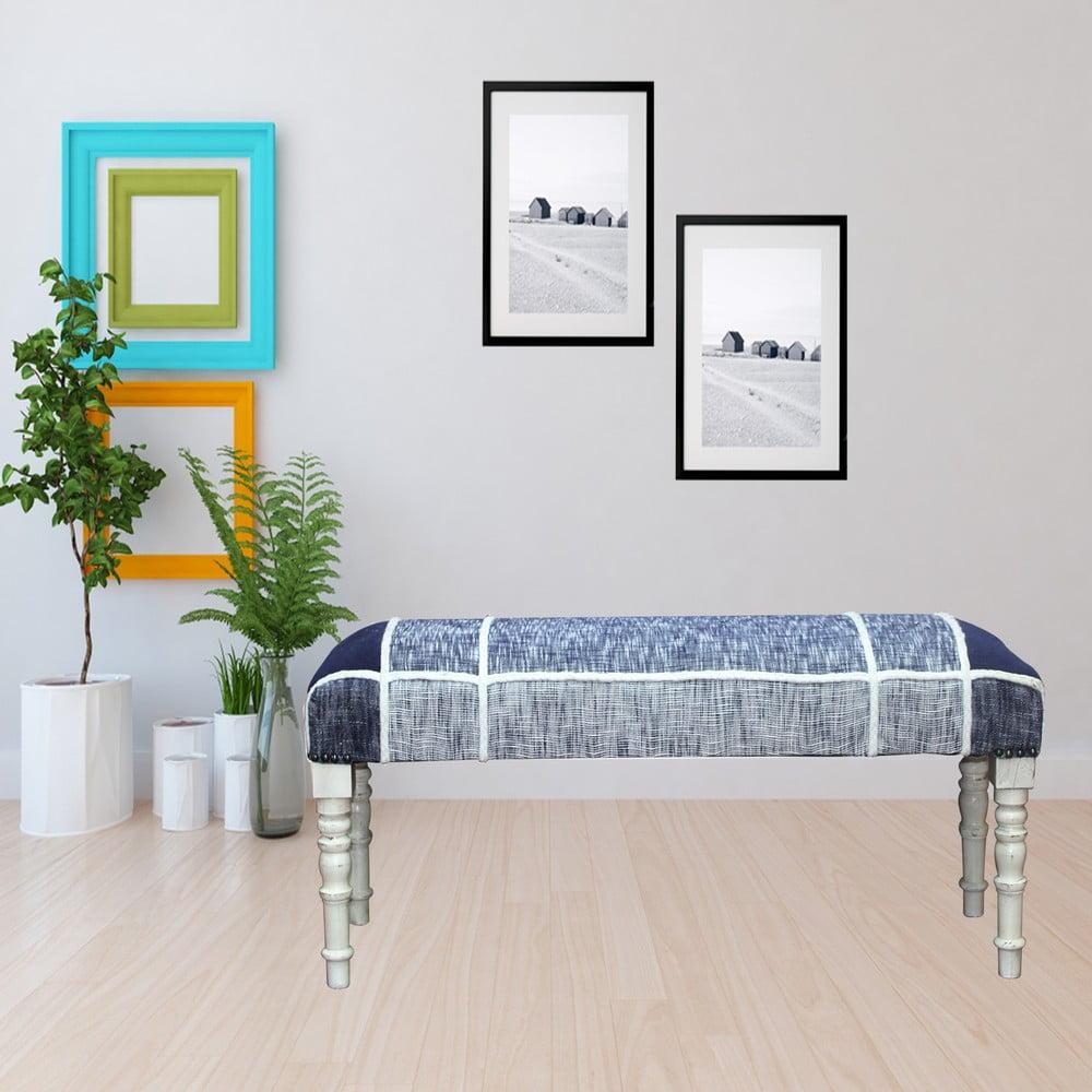 Navy and White Plaid Upholstered Storage Bench with Wood Legs