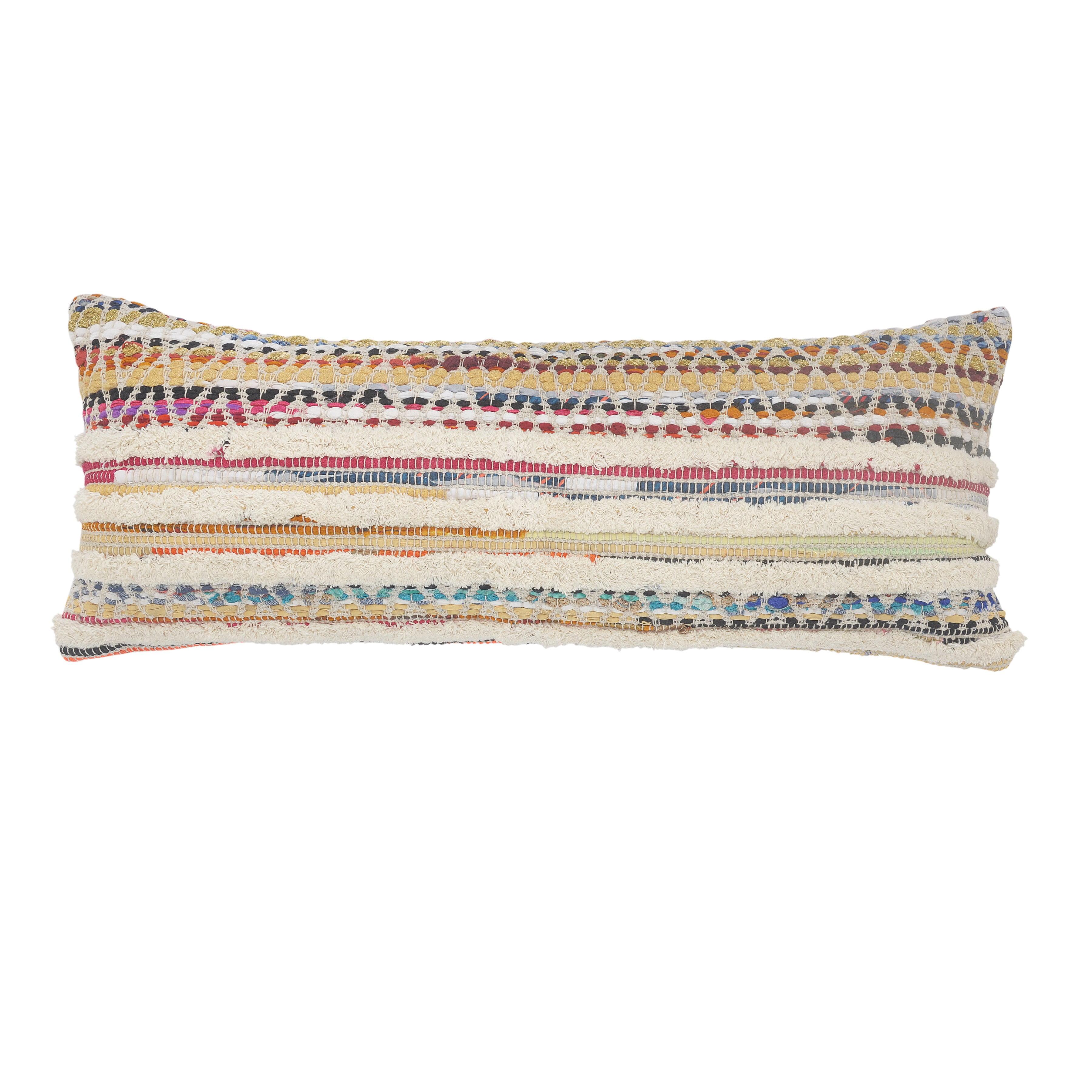 ZeaZu 14" X 36" Off-White Red Blue Orange And Green 100% Cotton Striped Zippered Pillow