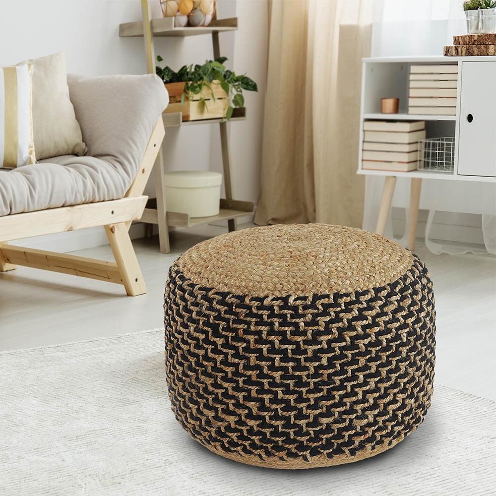 Natural Jute and Black Geometric Pouf, 18" x 18" x 12"