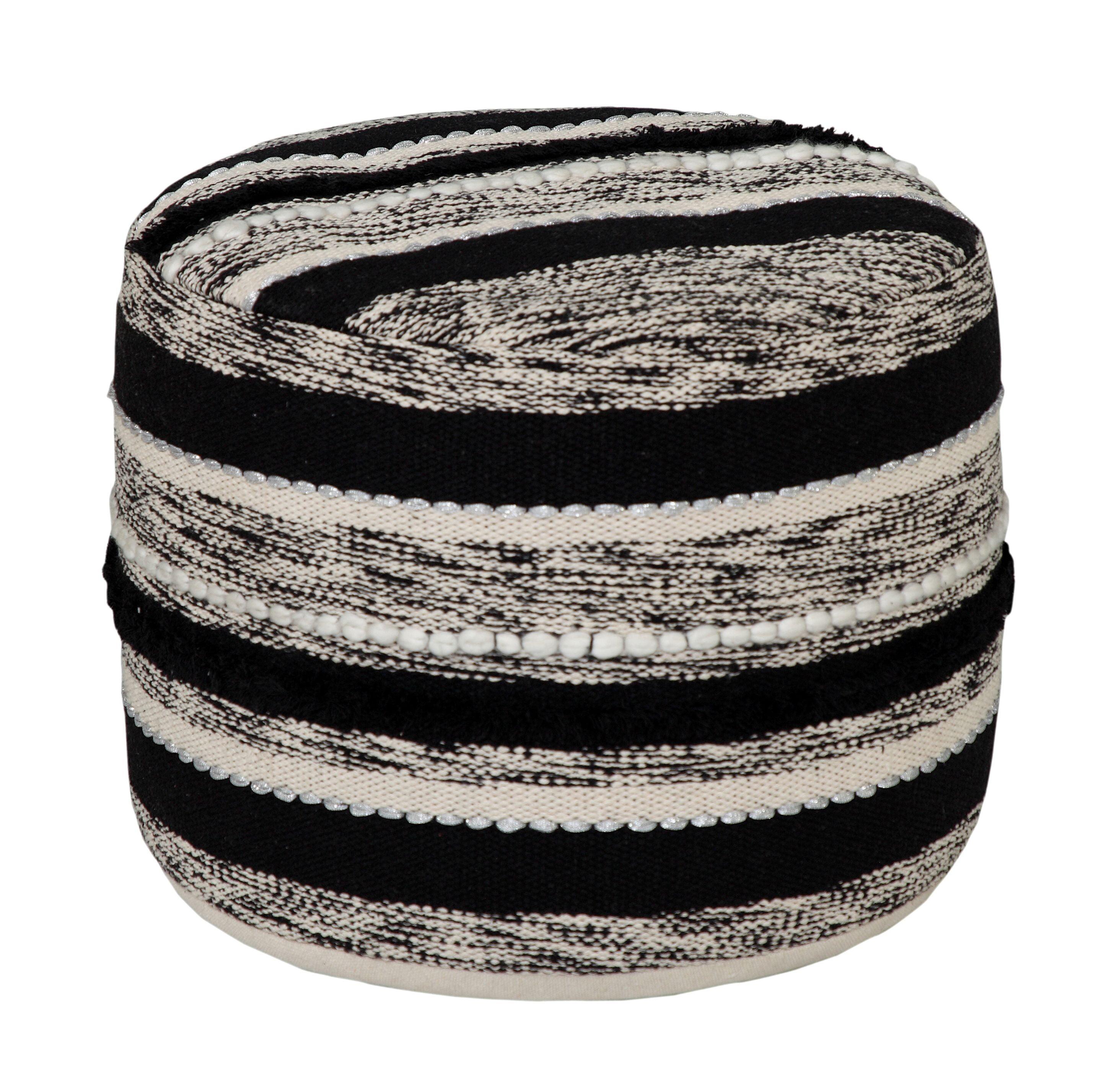 Chic Monochrome Striped Cotton Round Pouf, Black & Natural, 18"x14"