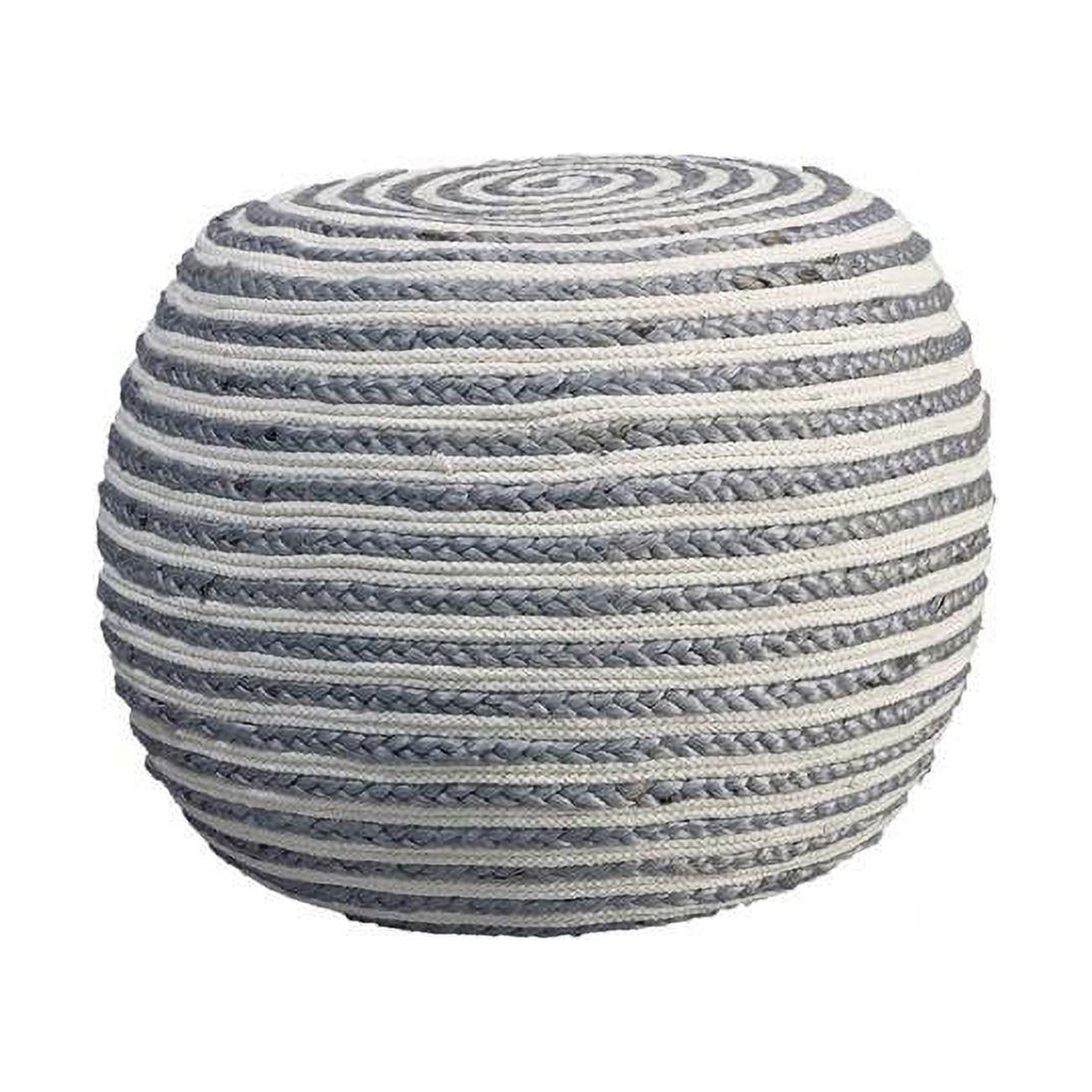 Gray and White Braided Jute Round Pouf, 20"