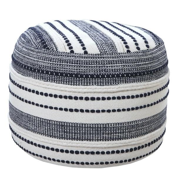 LR Home Fred Round Navy/White Striped Indoor Pouf Ottoman, 14"H x 18"W